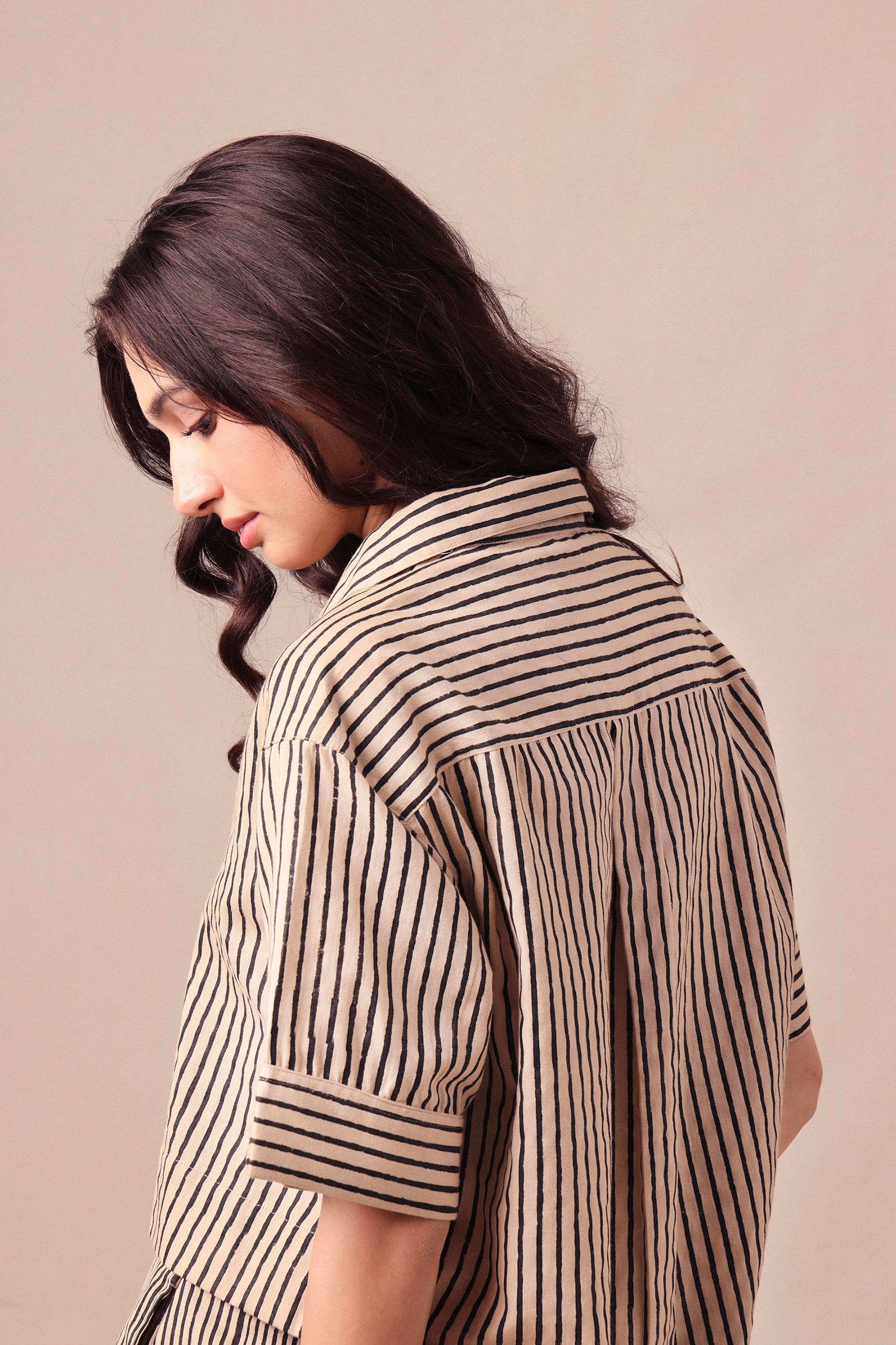 Mati Shirts & Tops Charcoal Striped Ekin Crop Shirt