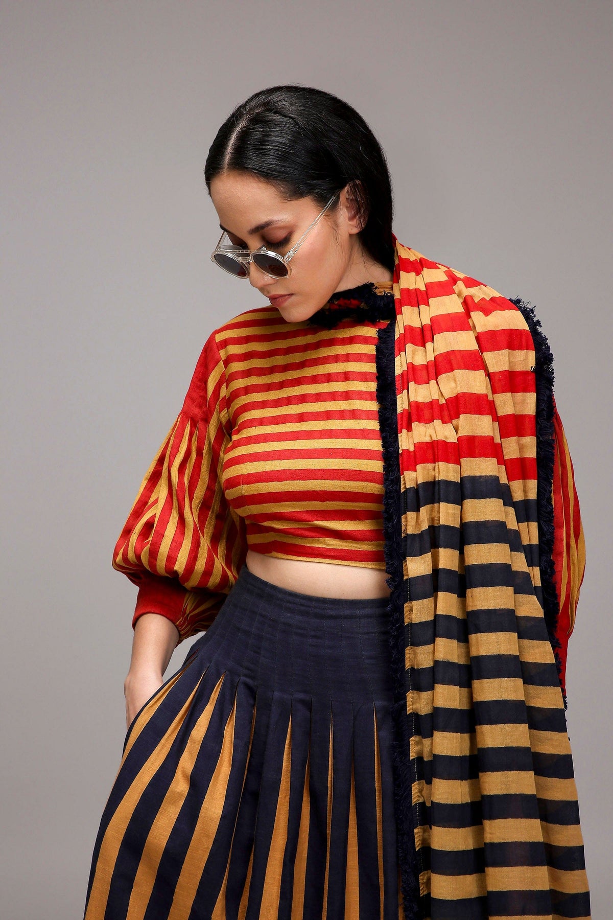 Mati Shirts & Tops Tan-Brown Red Striped Crop Top
