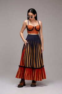 Mati Shirts & Tops Tan-Brown Red Striped Fringed Corset