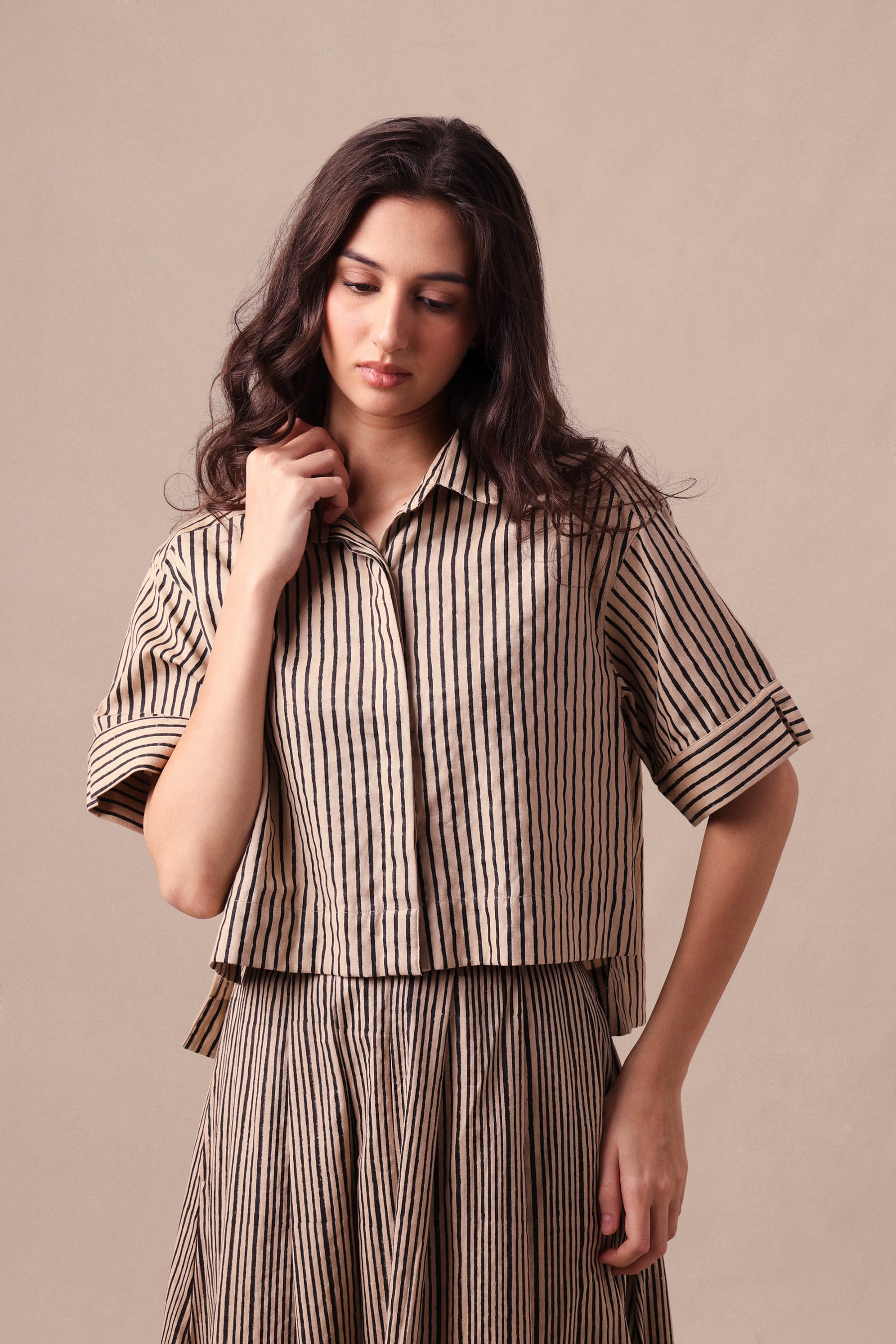 Mati Shirts & Tops XS Charcoal Striped Ekin Crop Shirt
