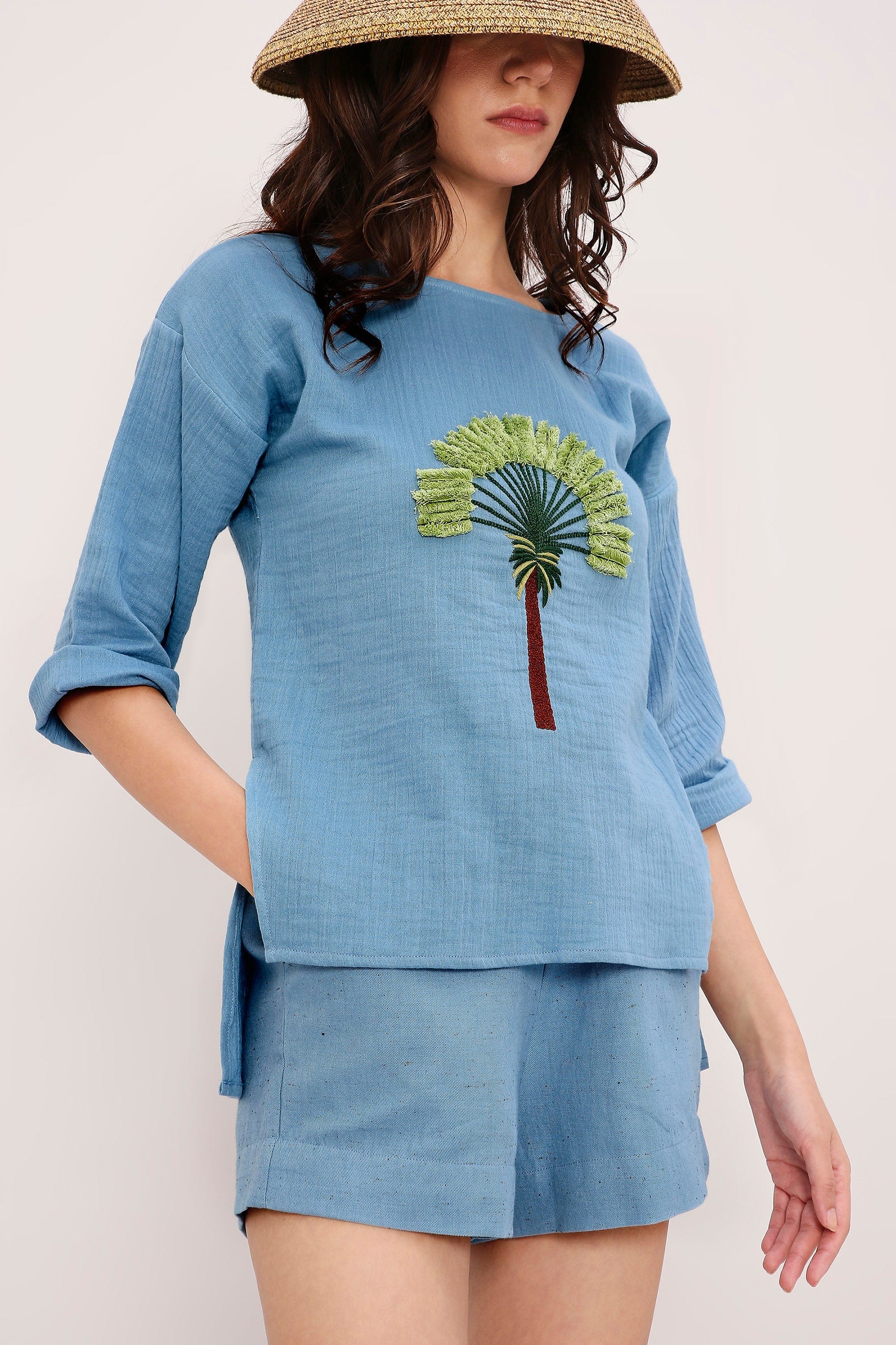 Mati Shirts & Tops XS Coco Blue Embroidered Top