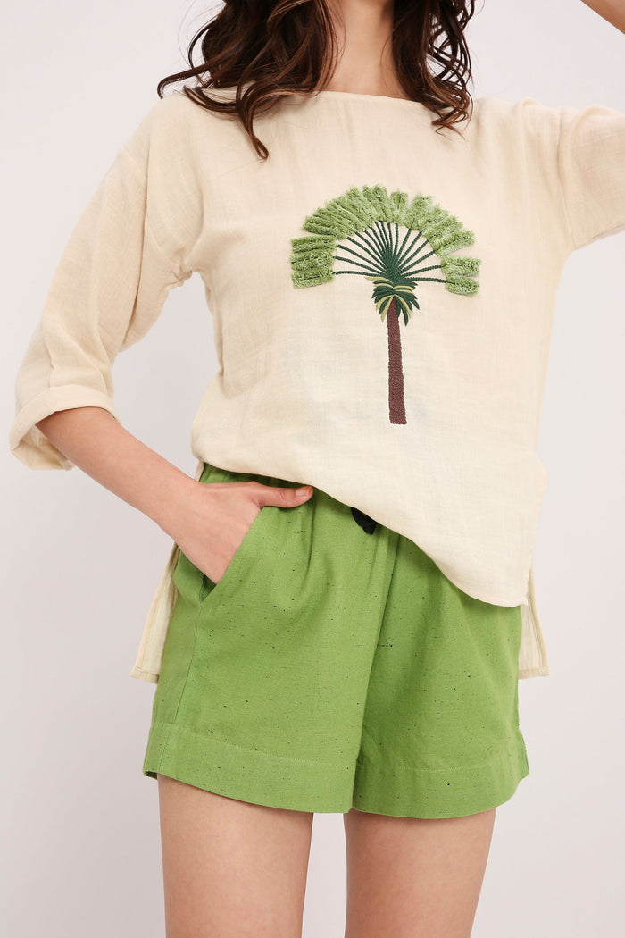 Mati Shorts Green Textured Cotton Dotted Shorts
