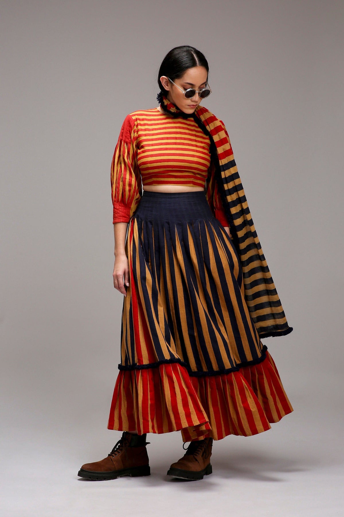 Mati skirts Tan-Brown Blue Red Dual Striped Skirt