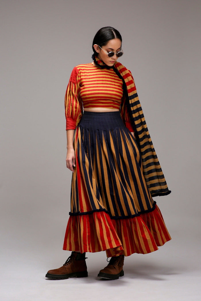 Mati skirts Tan-Brown Blue Red Dual Striped Skirt