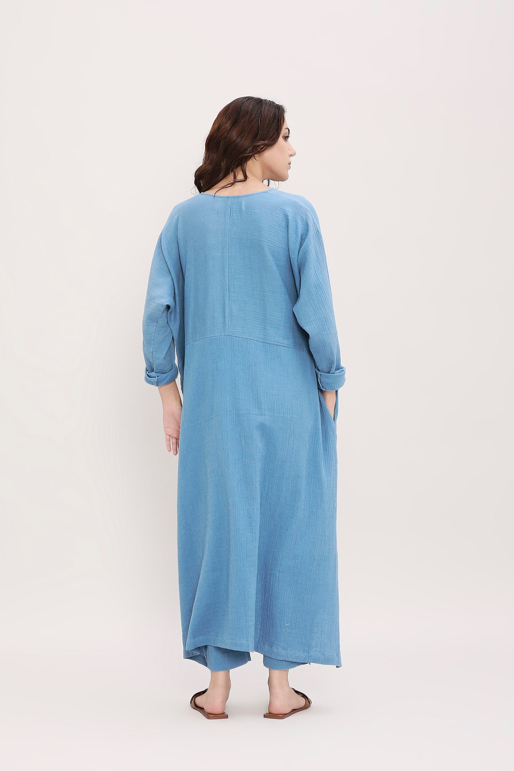 Mati Sky Blue Handwoven Cotton Kaftan Tunic Co-Ord Set  Back Full Length View