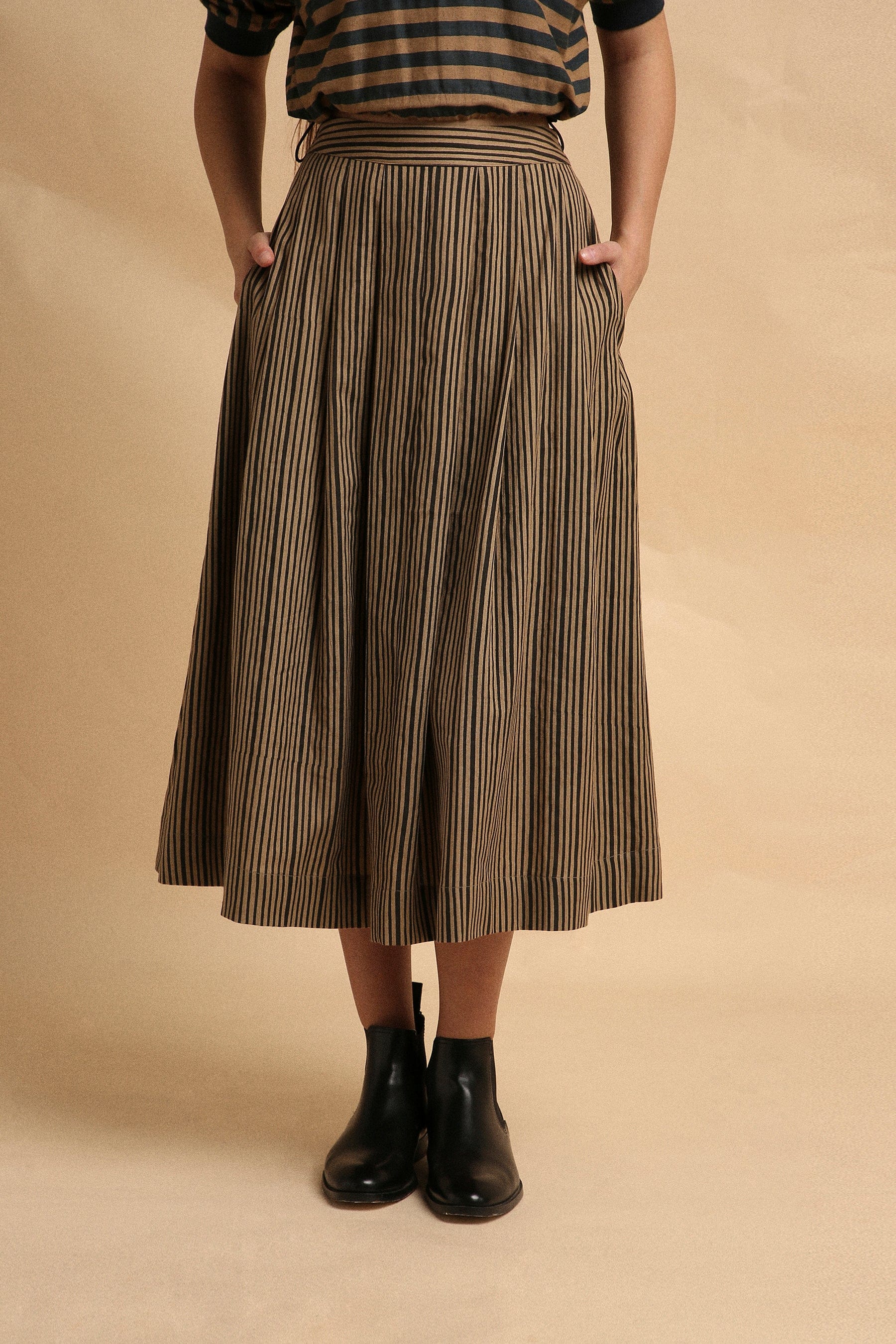 Handspun cotton medium striped block print crop top and box pleat skirt co-ord in brown with rib detail, by MATI India