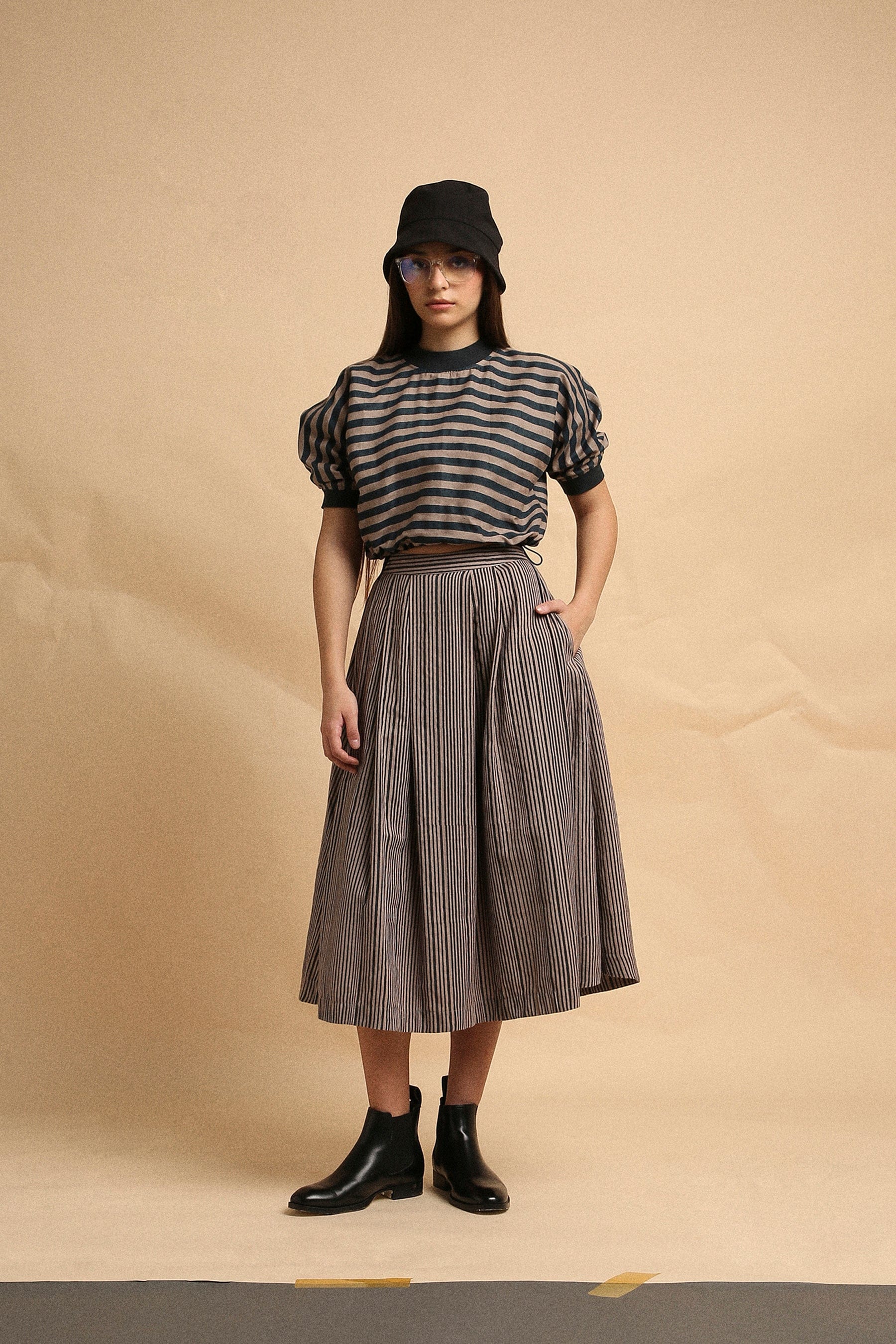 Handspun cotton medium striped block print crop top and box pleat skirt co-ord in grey with rib detail, by MATI India
