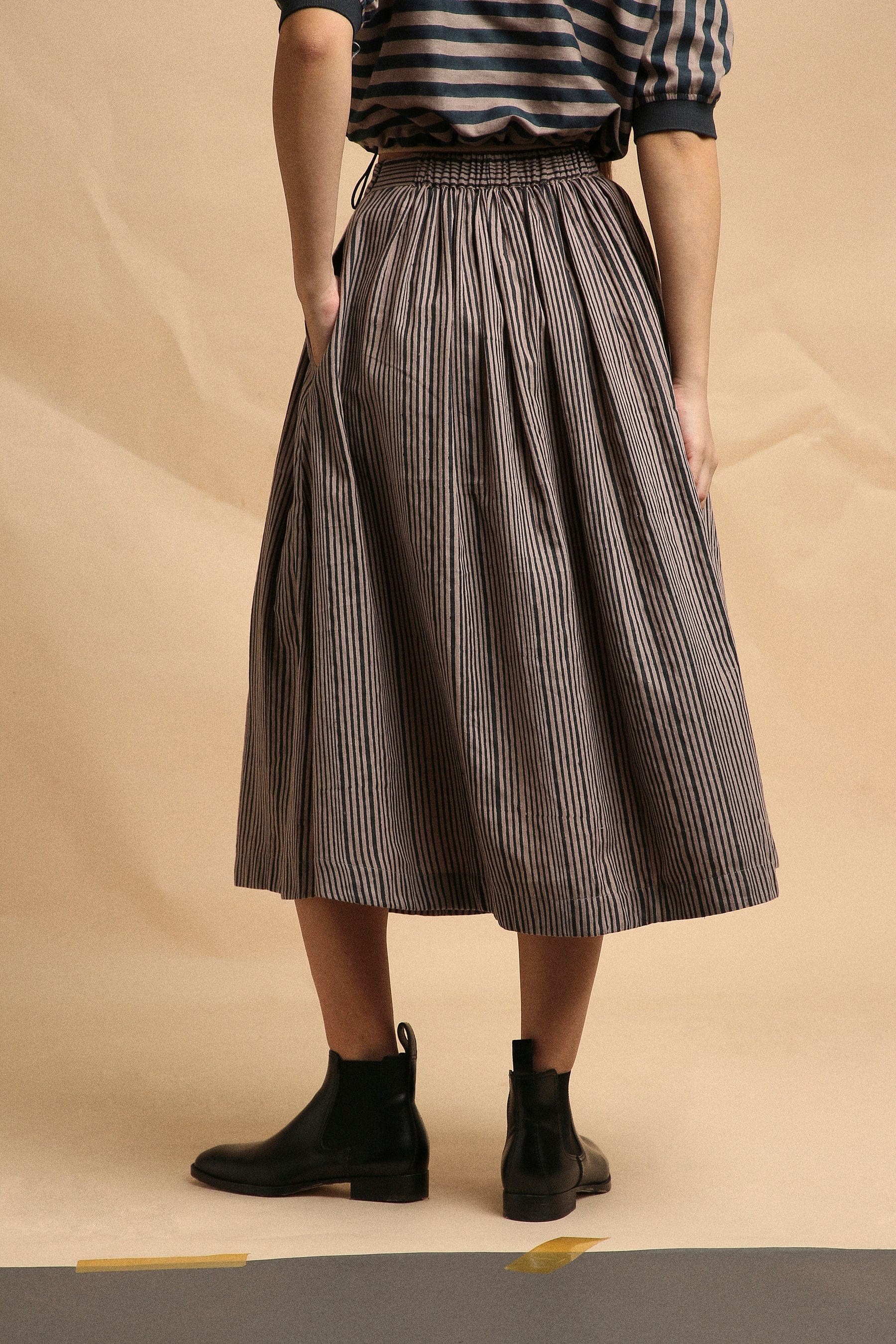 Handspun cotton medium striped block print crop top and box pleat skirt co-ord in grey with rib detail, by MATI India
