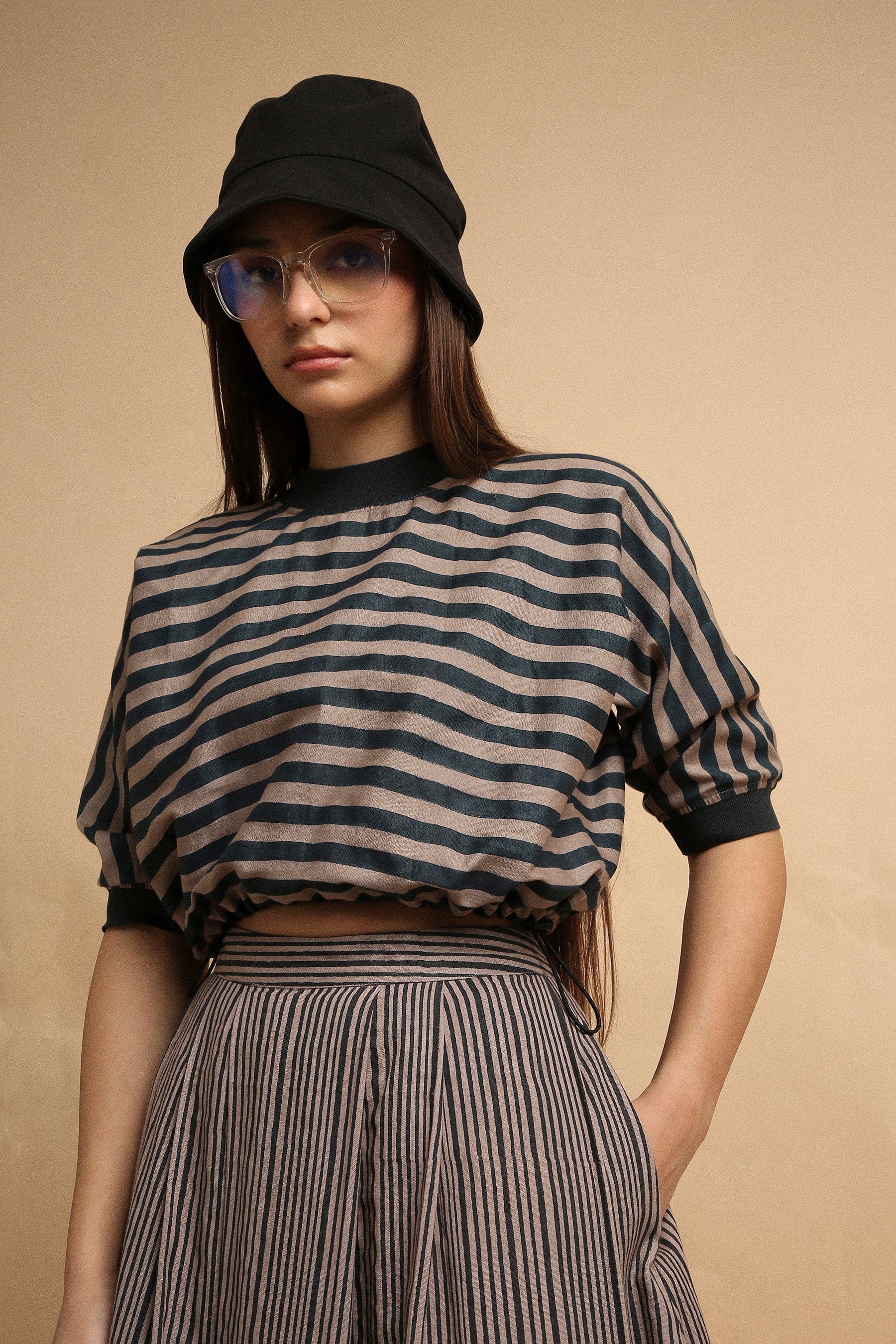 Handspun cotton medium striped block print crop top and box pleat skirt co-ord in grey with rib detail, by MATI India