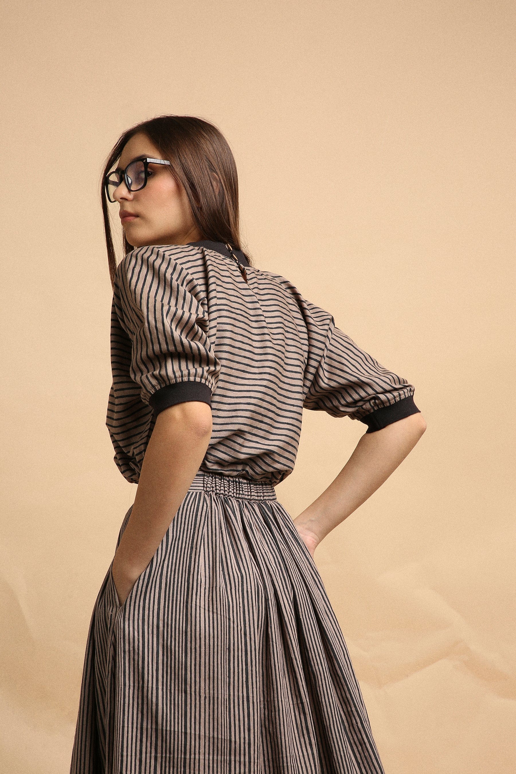 Handspun cotton thin striped block print crop top and box pleat skirt co-ord in grey, by MATI India