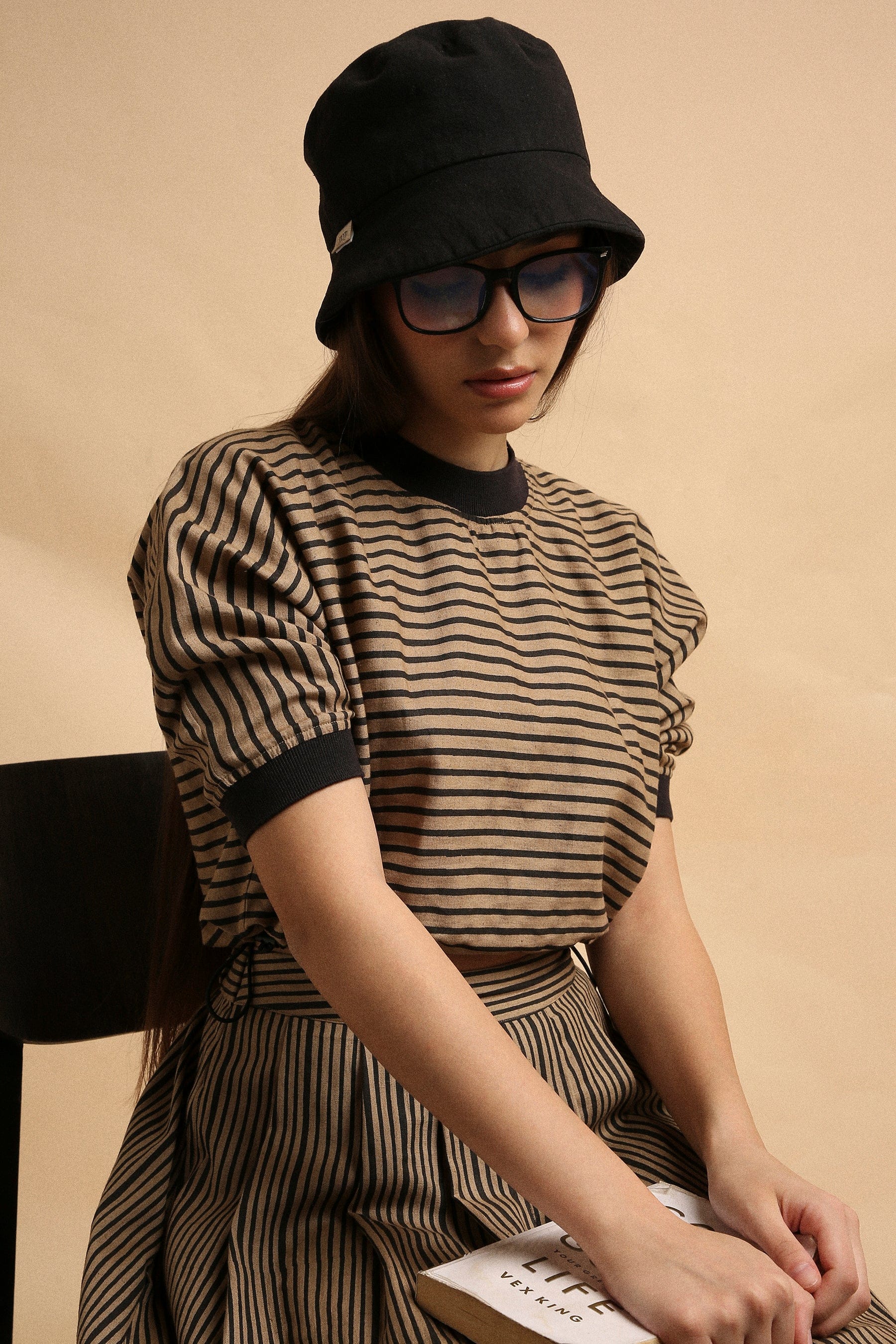 Handspun cotton thin striped block print Sphara crop top in brown with rib detail at neck and sleeves, by MATI India