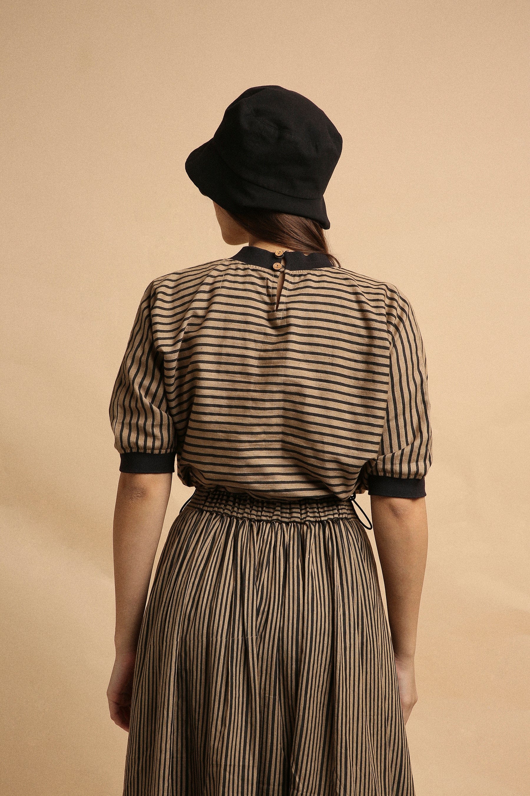 Handspun cotton thin striped block print Sphara crop top in brown with rib detail at neck and sleeves, by MATI India