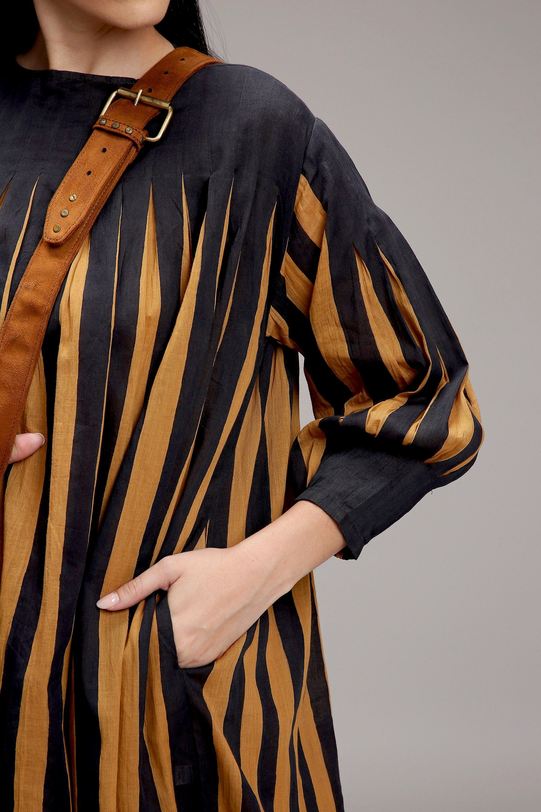 Tan-Brown Blue Striped Handwoven Cotton Balloon Dress — sleeve view — MATI