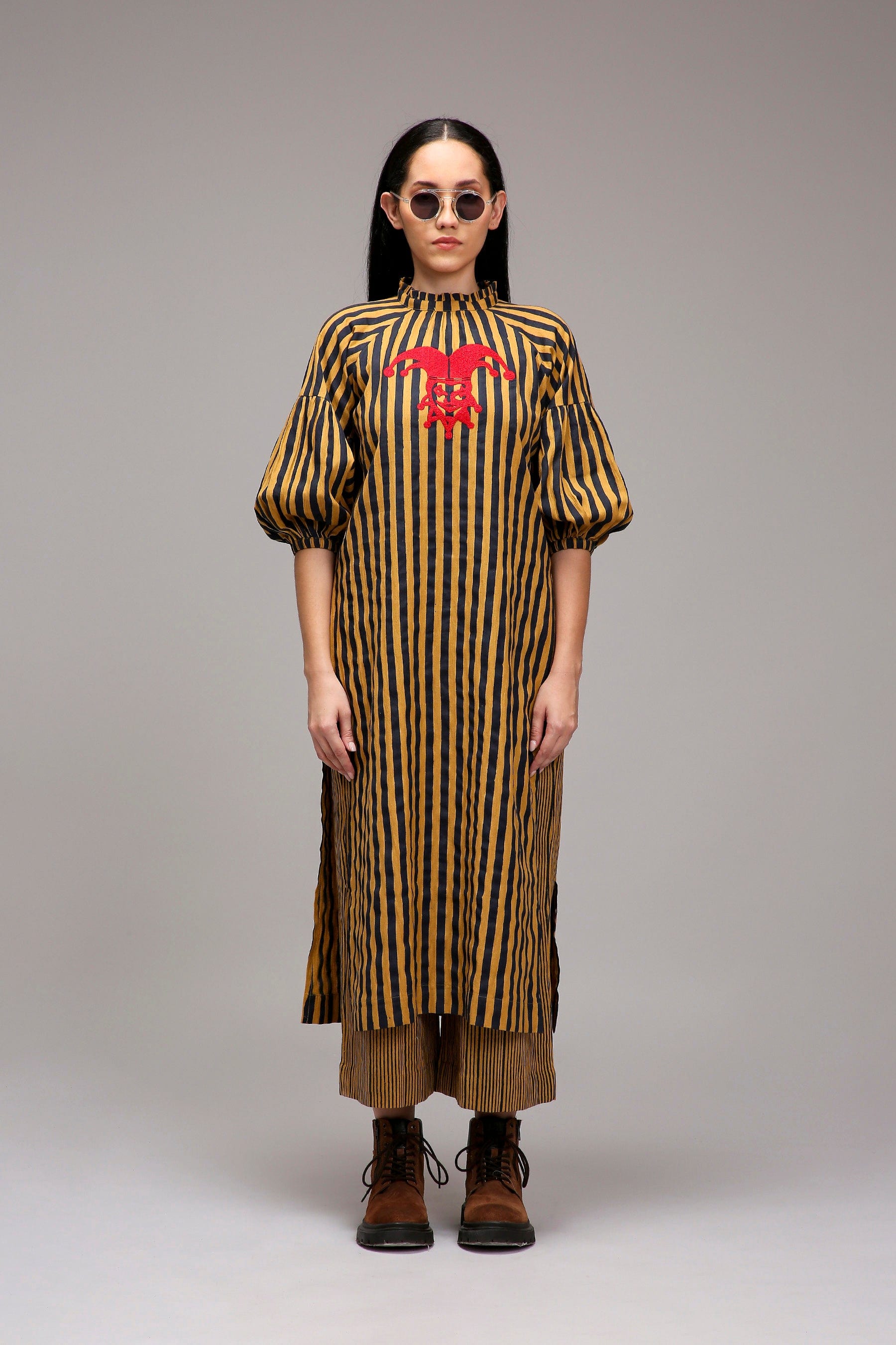 Tan Brown Blue Striped Handspun Cotton Big Joker Tunic — front view — MATI