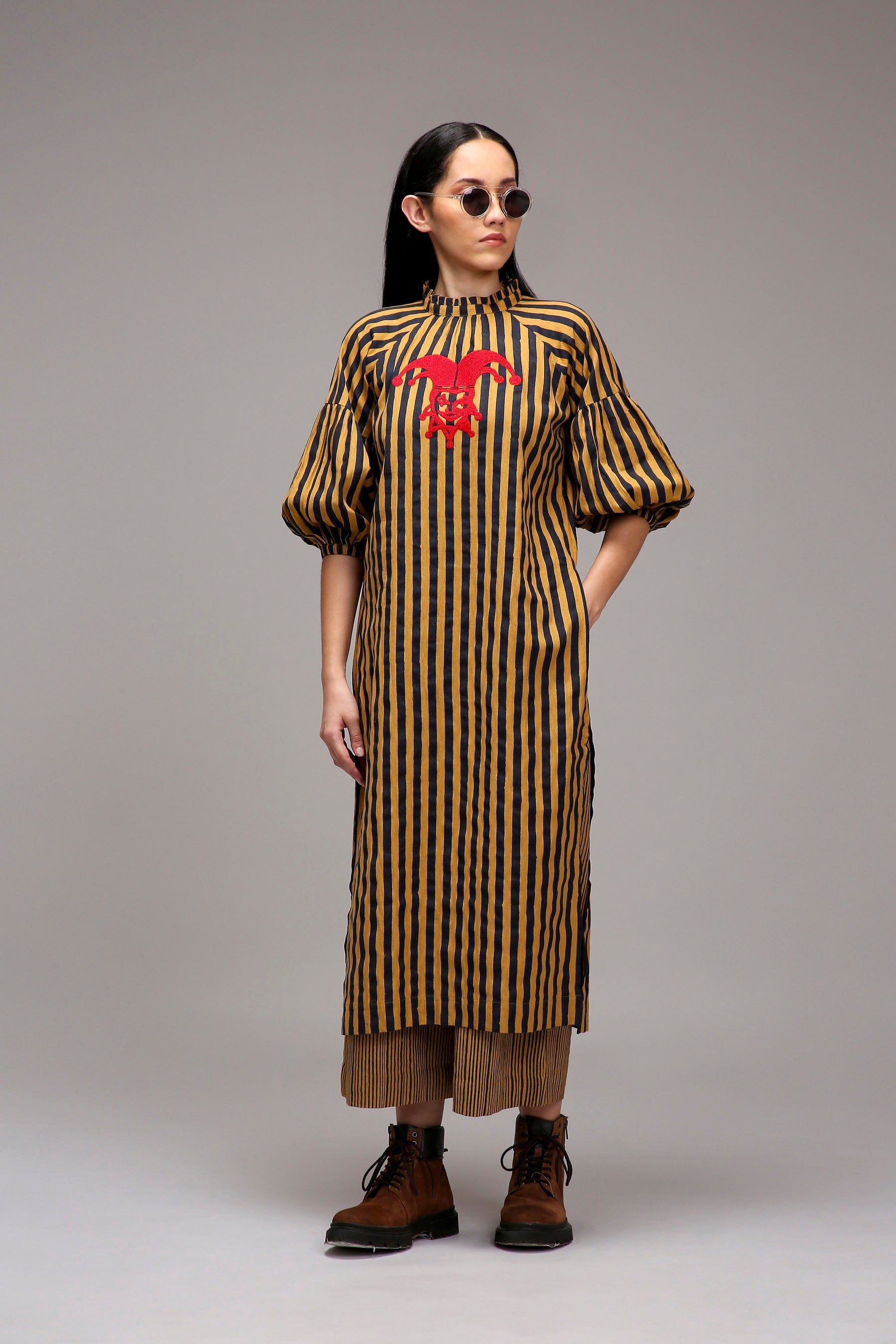 Tan Brown Blue Striped Handspun Cotton Big Joker Tunic — full length 2 — MATI