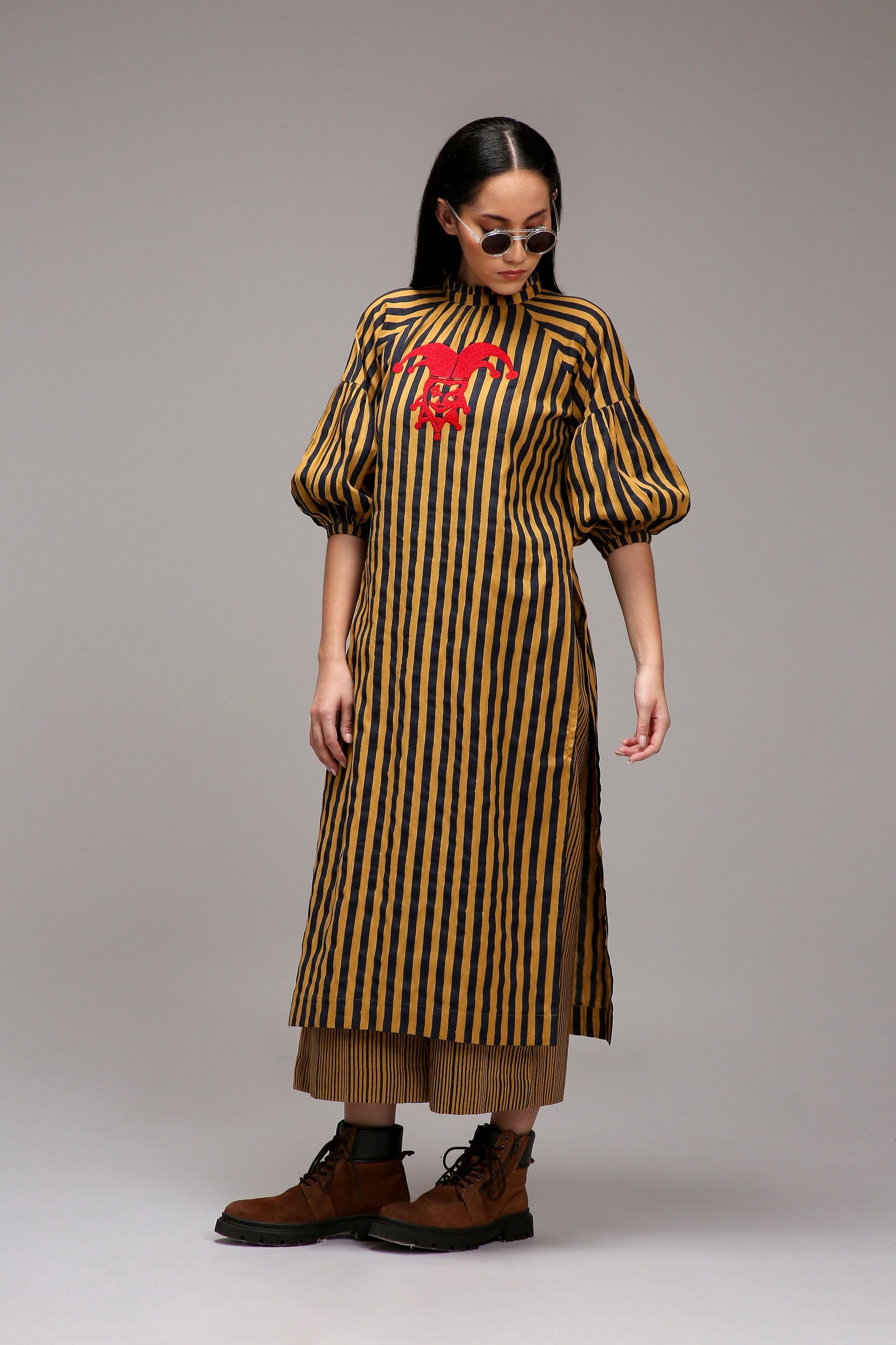Tan Brown Blue Striped Handspun Cotton Big Joker Tunic — full length — MATI