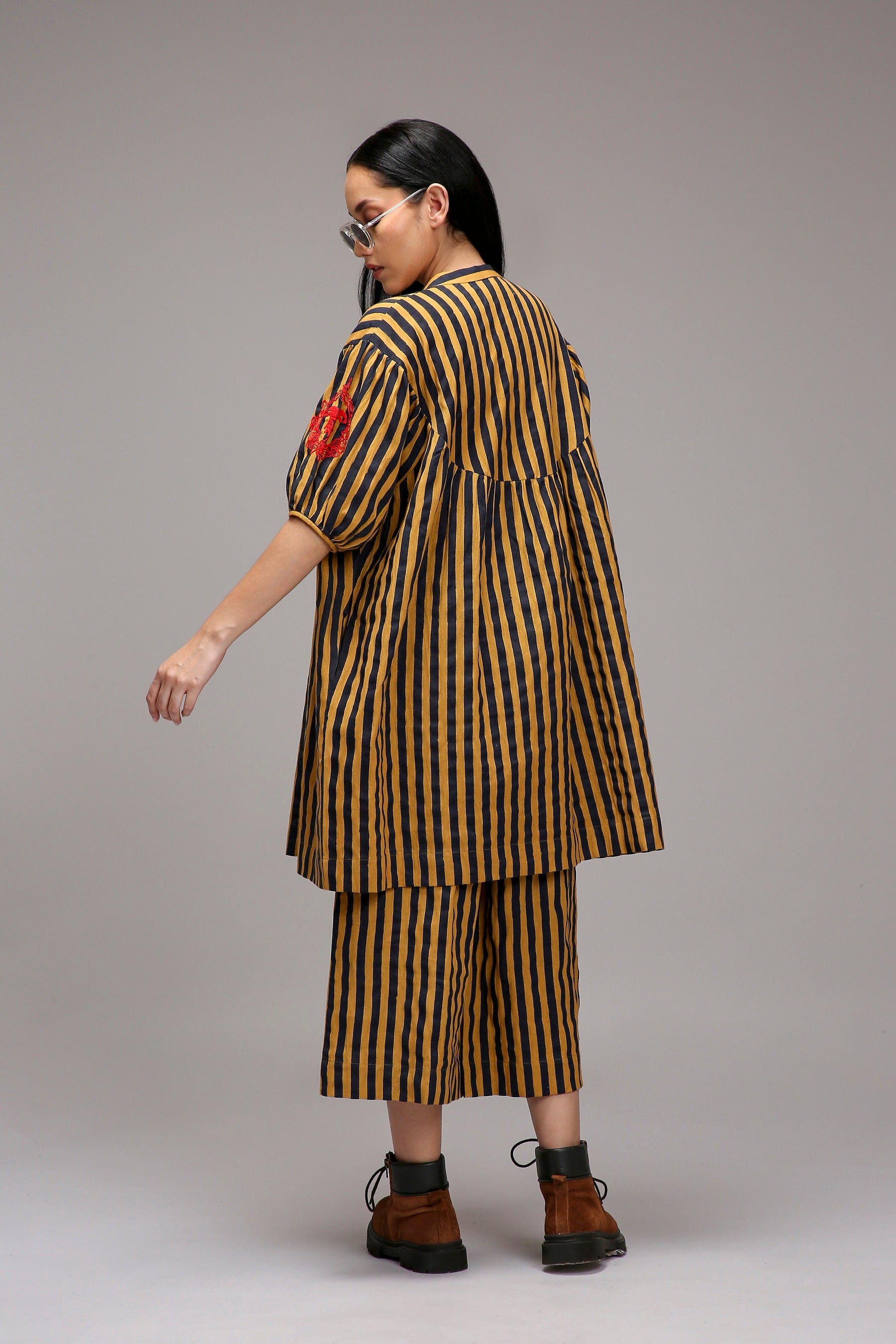 Tan-Brown Blue Striped Short Acra Tunic — back view