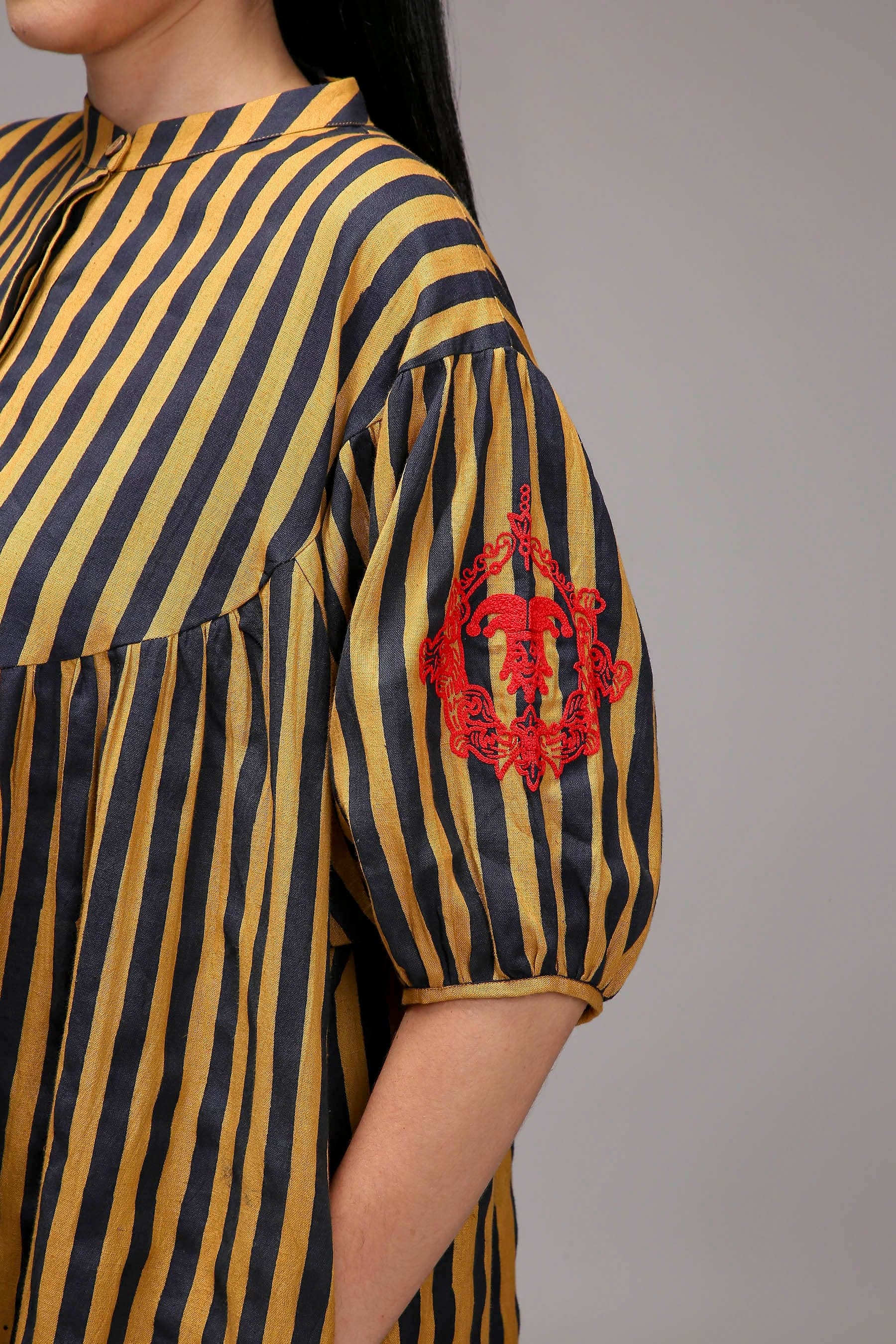 Tan-Brown Blue Striped Short Acra Tunic — embroidered sleeve detail