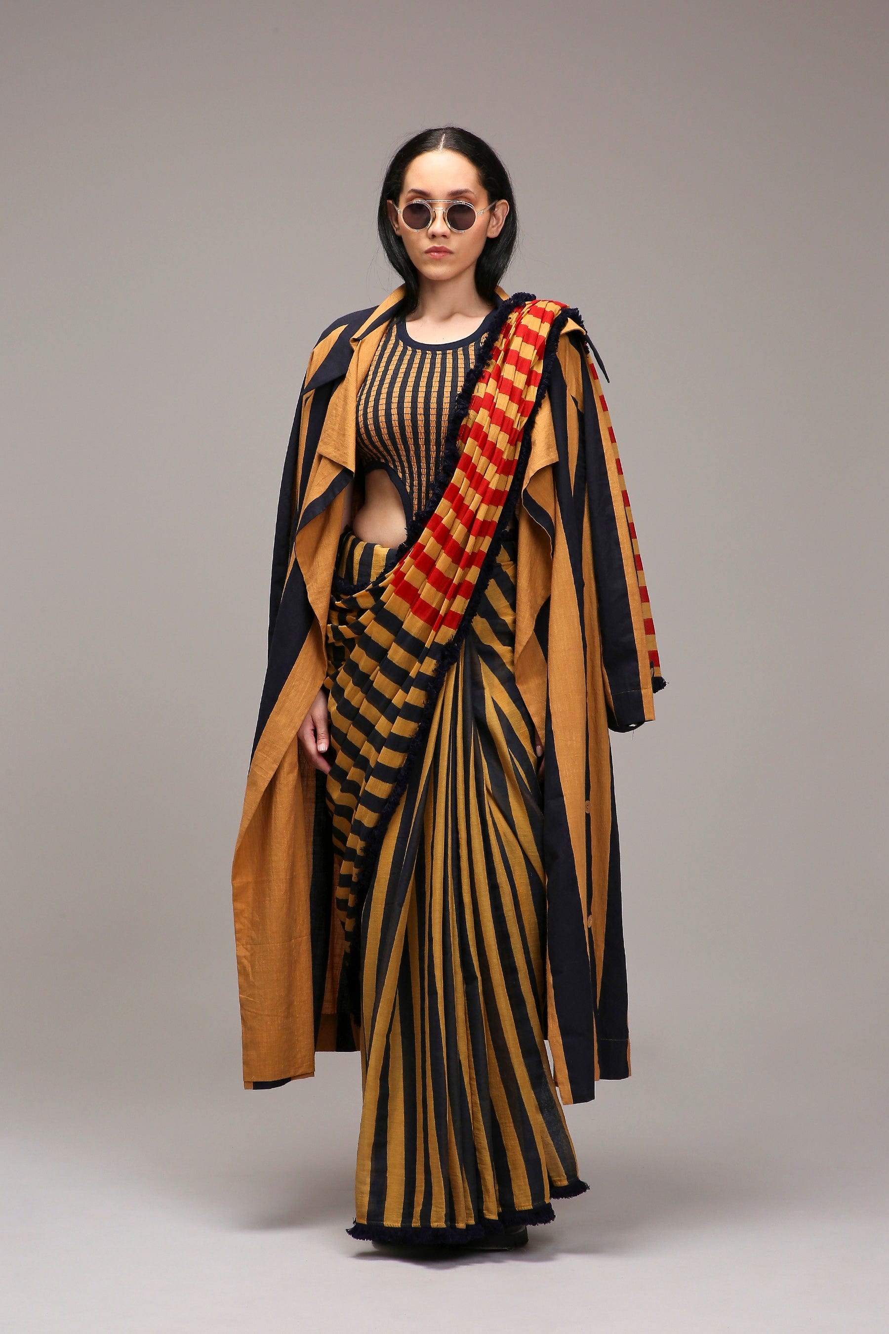 Handwoven cotton bodysuit saree set Tan-Brown (Brown) with joker trench jacket by MATI India 