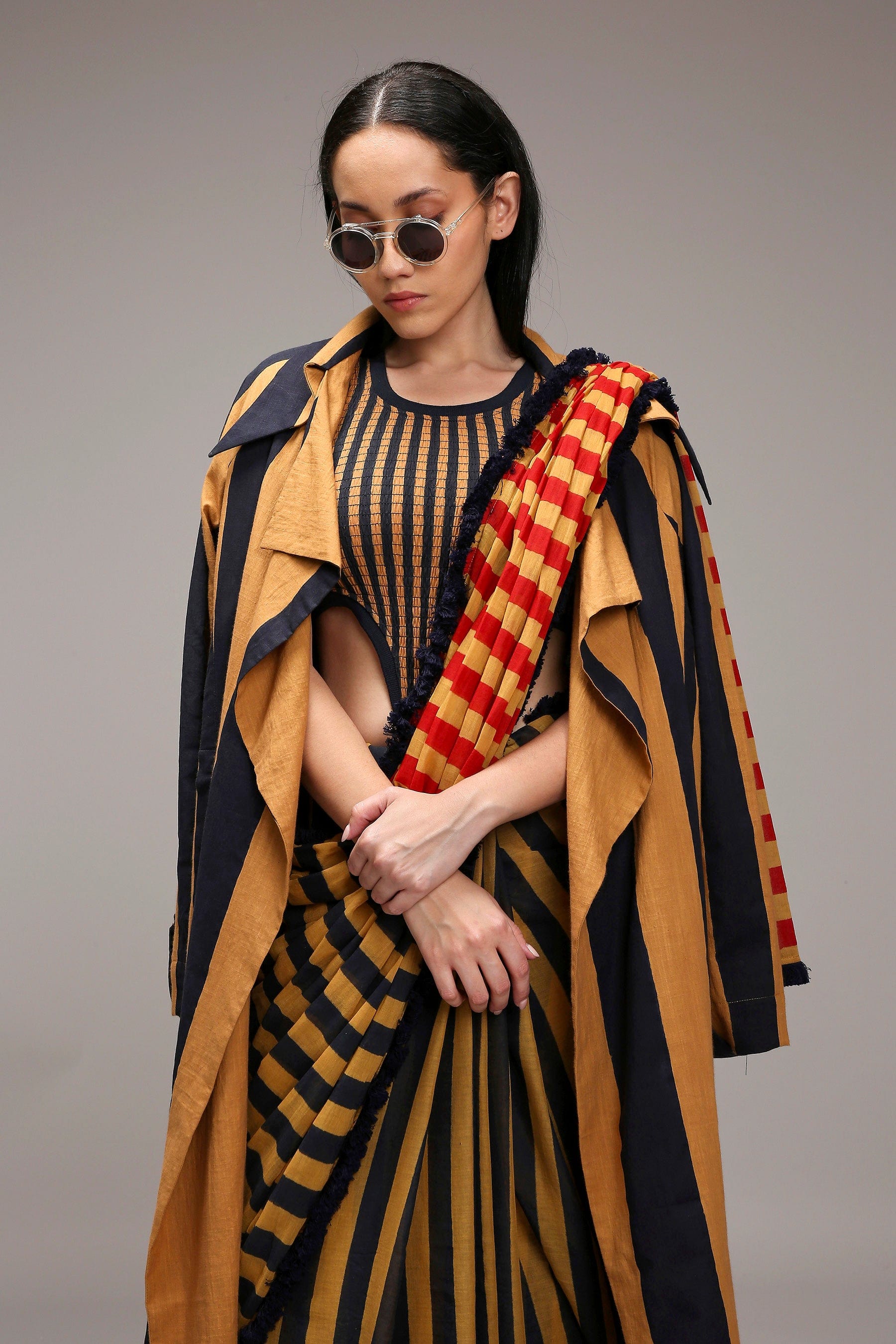 Handwoven cotton bodysuit saree set Tan-Brown (Brown) with joker trench jacket by MATI India 