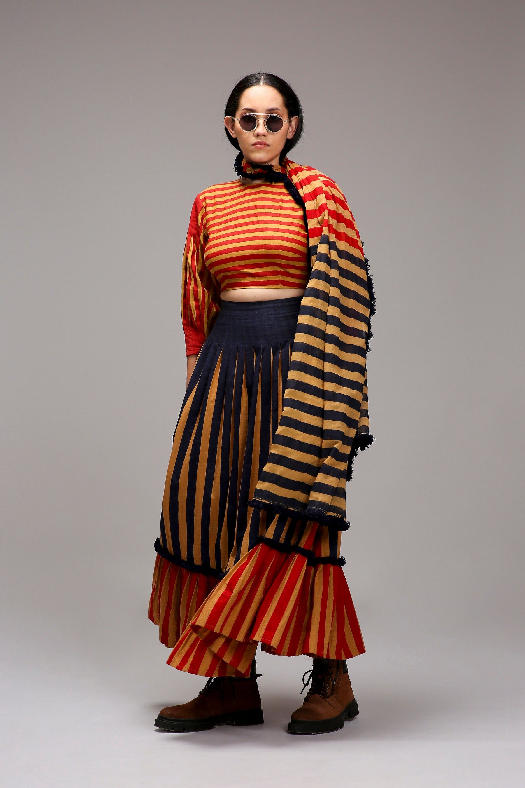 Handwoven cotton 3-piece crop top skirt set Tan-Brown (Brown) with dual striped stole by MATI India