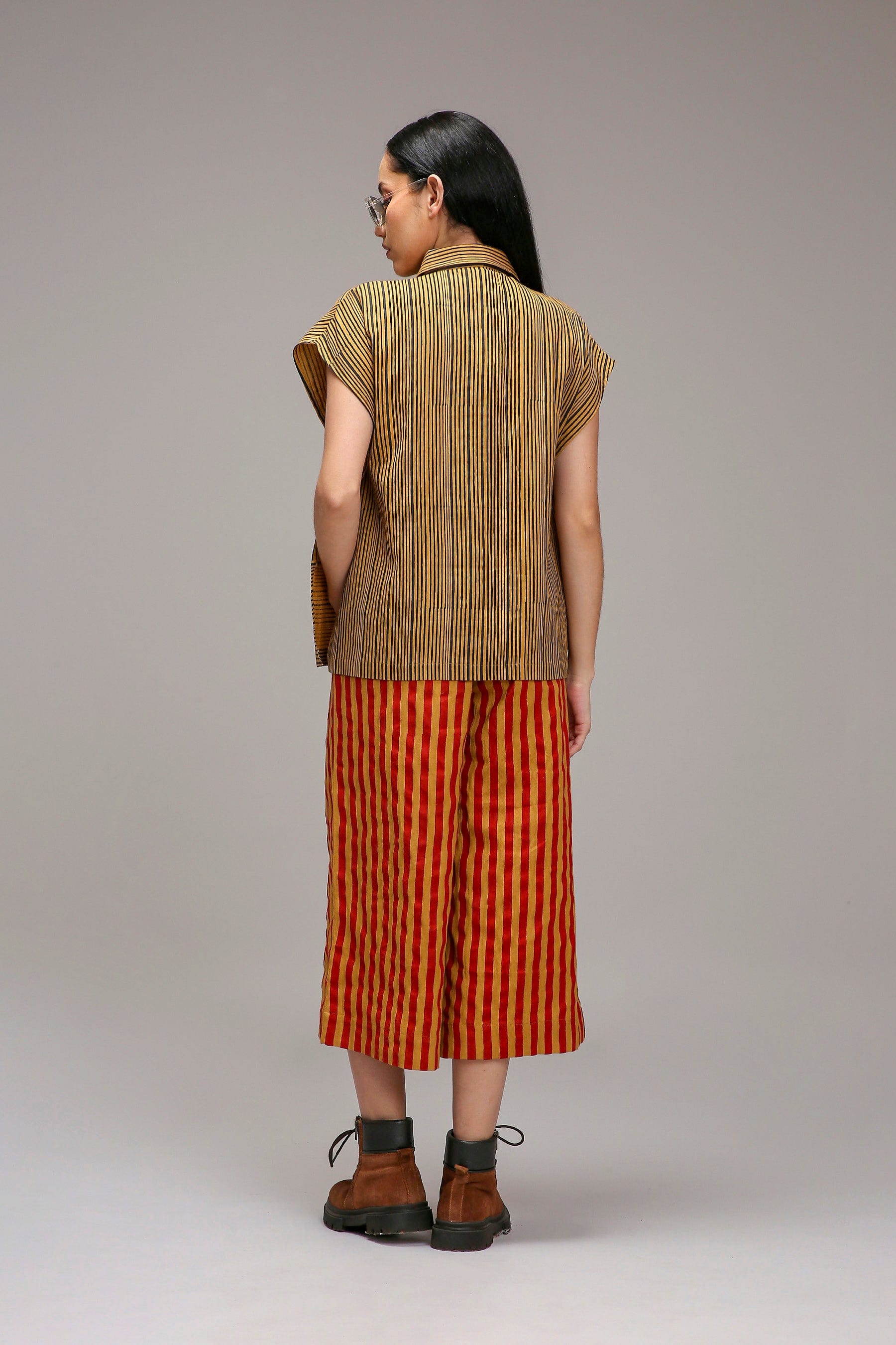 Tan-Brown Joker Shirt and Capre Pants Set in Handwoven Cotton - Size XS-7XL - back view - MATI India