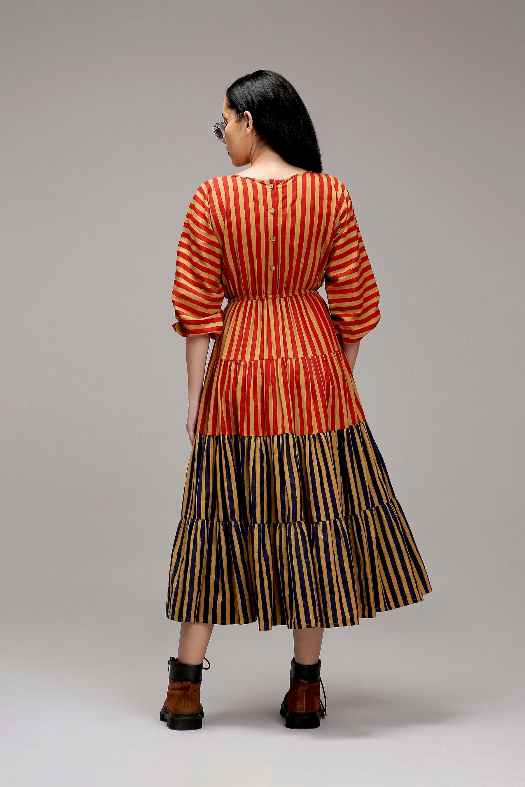 Tan-Brown Red & Blue Tiered Handcrafted Dress from Handwoven Organic Cotton - back view - MATI