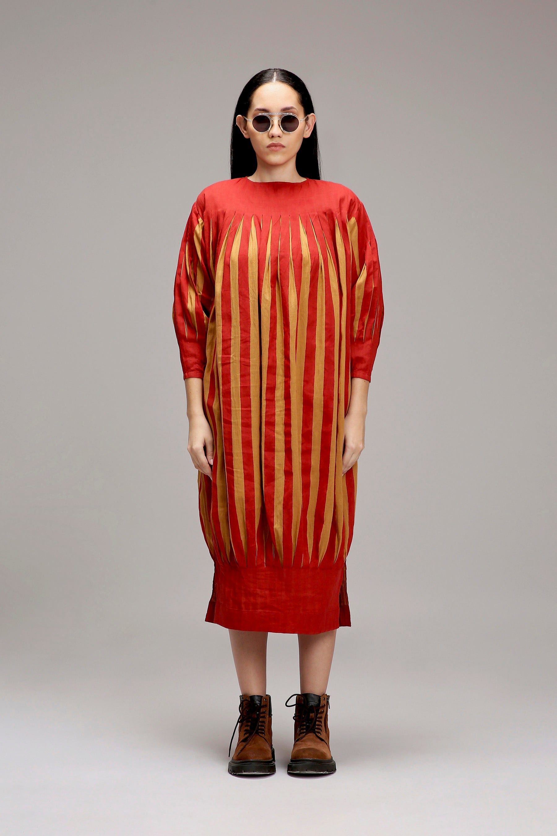 Tan-Brown Red Striped Handwoven Cotton Balloon Dress — front view — MATI