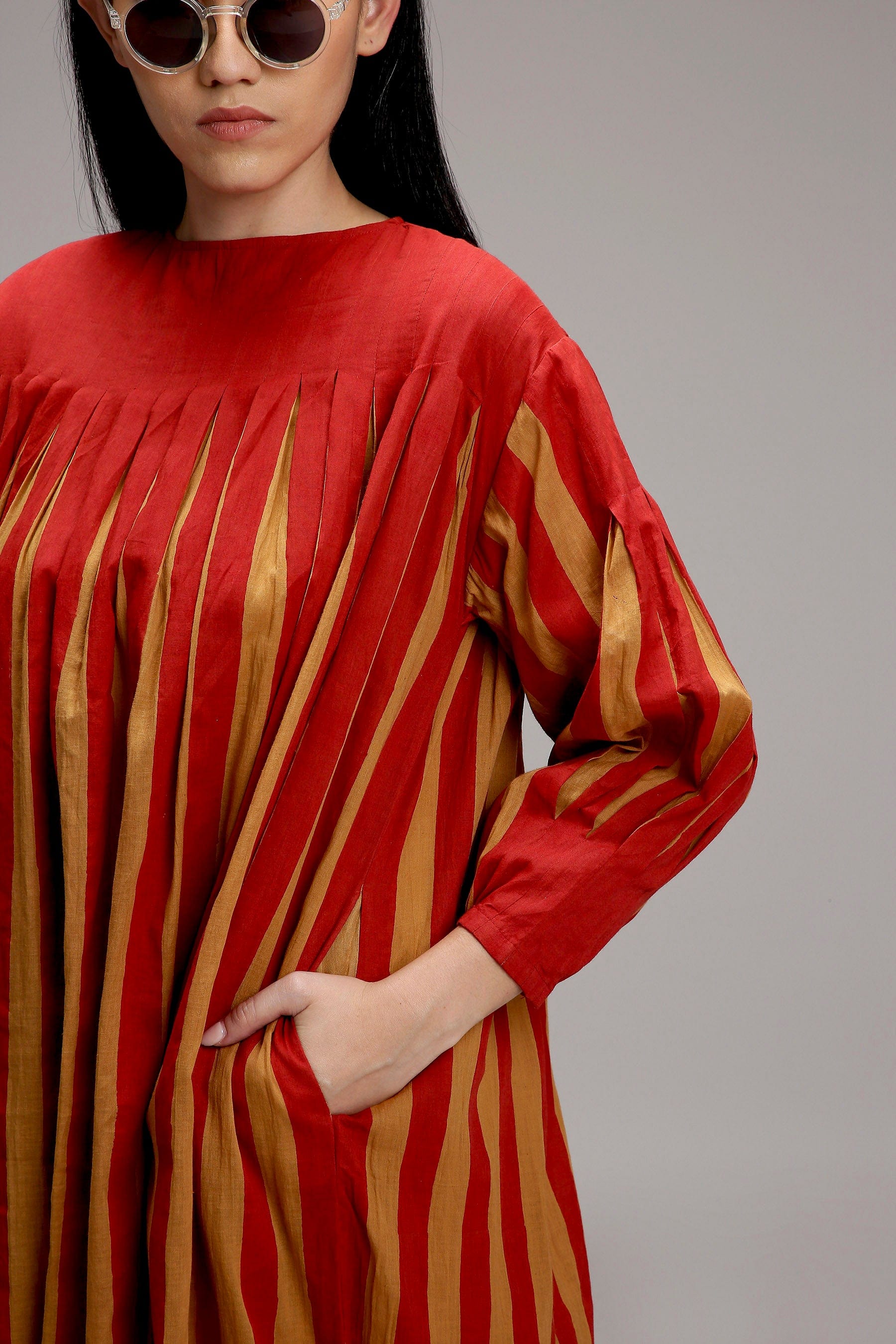 Tan-Brown Red Striped Balloon Dress — side view — MATI