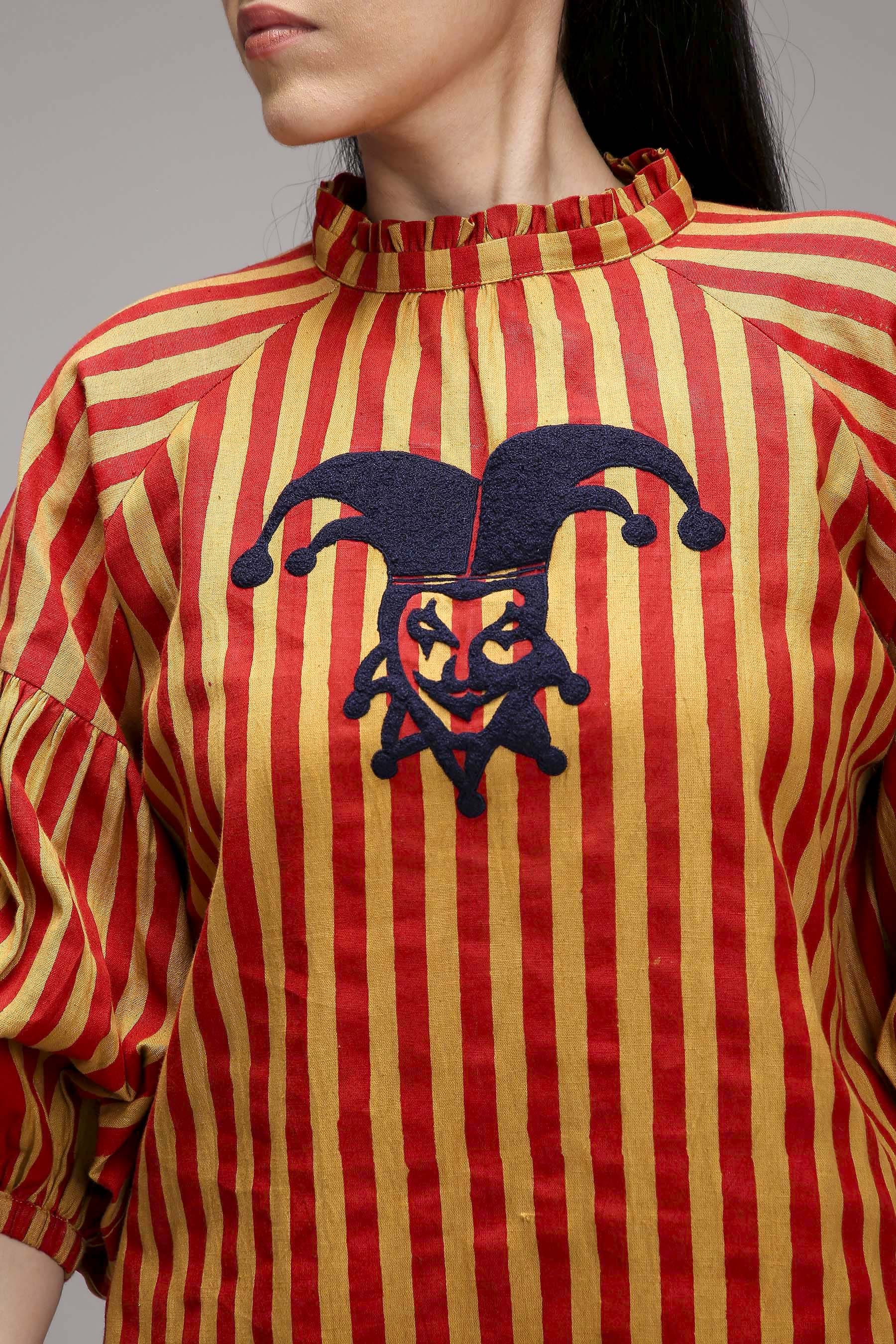 Tan-Brown Red Striped Handspun Cotton Big Joker Tunic — front detail — MATI
