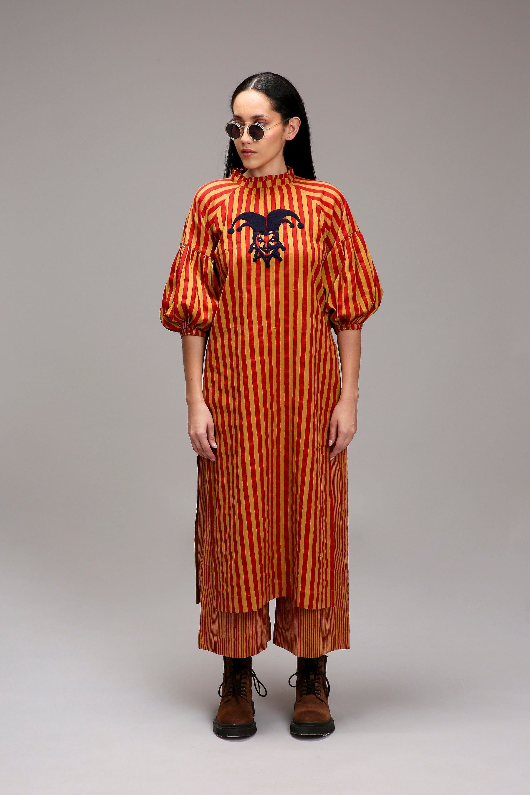 Tan-Brown Red Striped Handspun Cotton Big Joker Tunic — front view — MATI