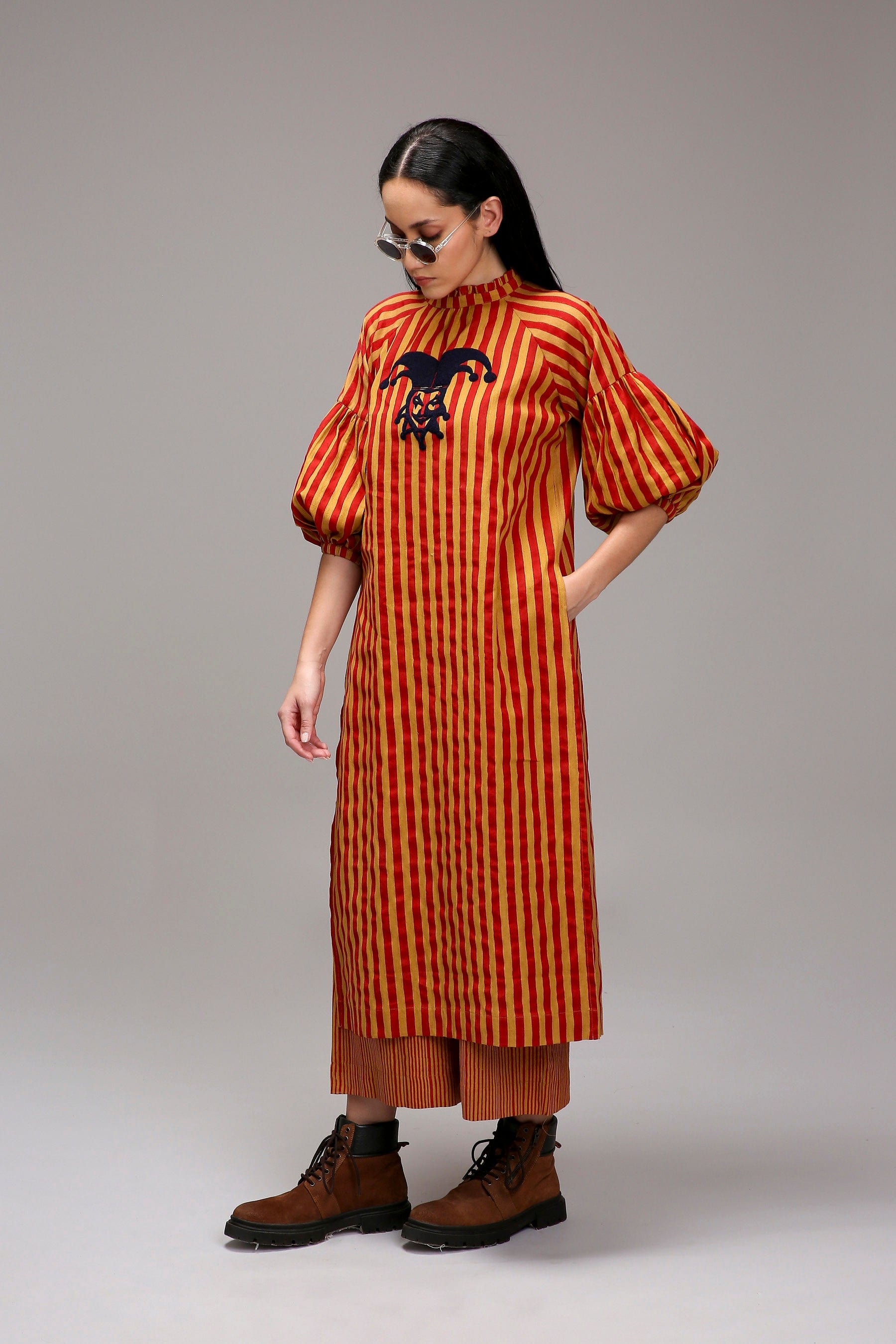 Tan-Brown Red Striped Handspun Cotton Big Joker Tunic — full length — MATI
