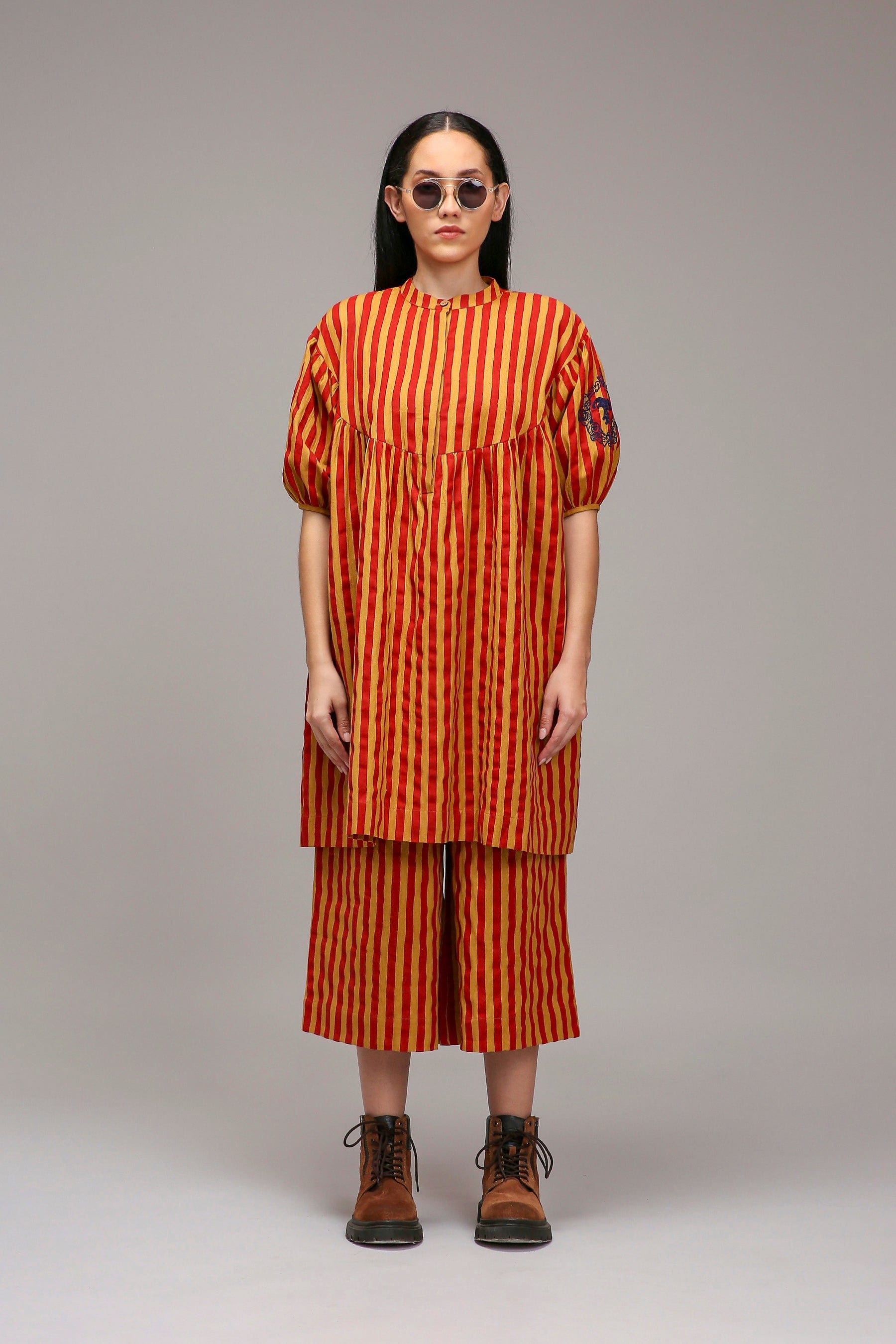 Tan-Brown Blue Striped Handspun Cotton Short Acra Tunic — full length view — MATI