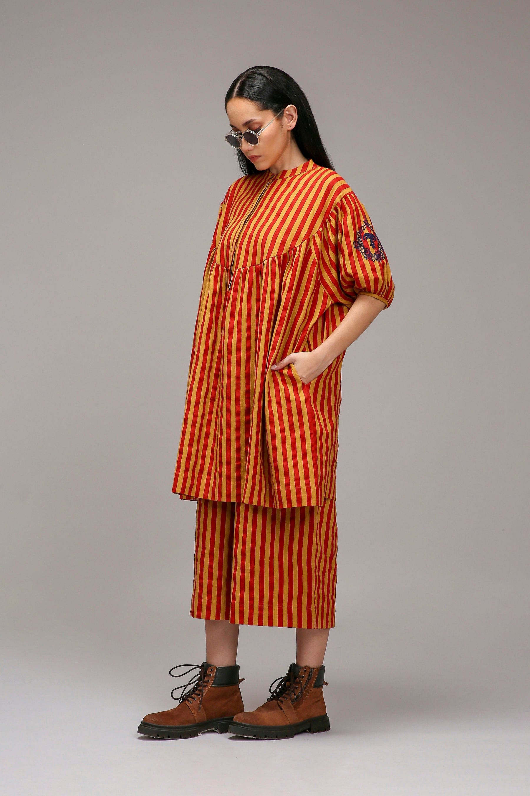 Tan-Brown Red Striped Handspun Cotton Short Acra Tunic — size view — MATI