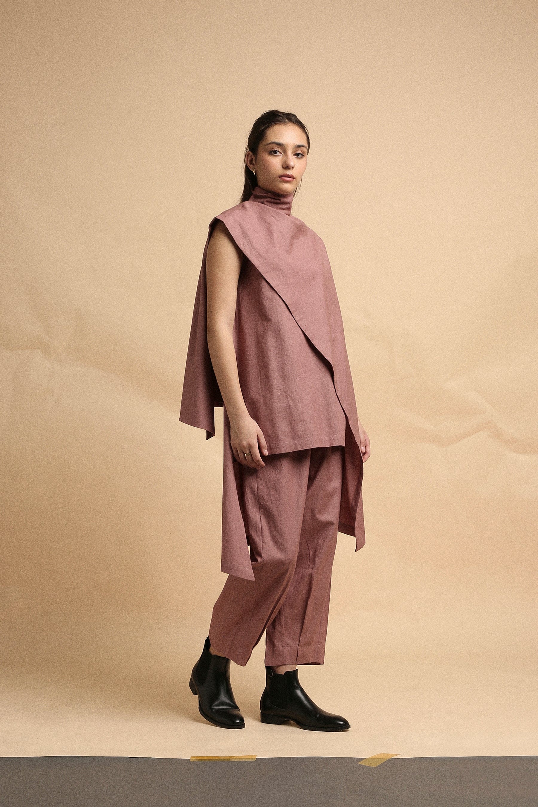 Handwoven cotton Toga tunic and pleated pants co-ord set in blush with high-low hem and turtle neck, by MATI India