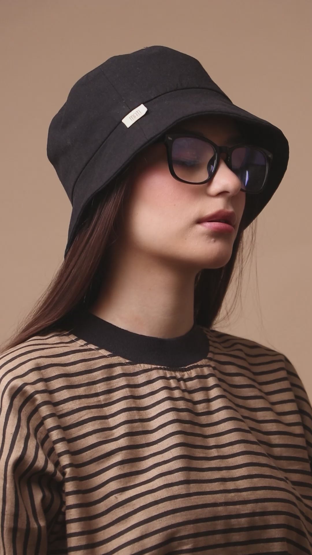 Handspun cotton thin striped block print crop top and box pleat skirt co-ord in brown with rib detail and drawstring hem, by MATI India