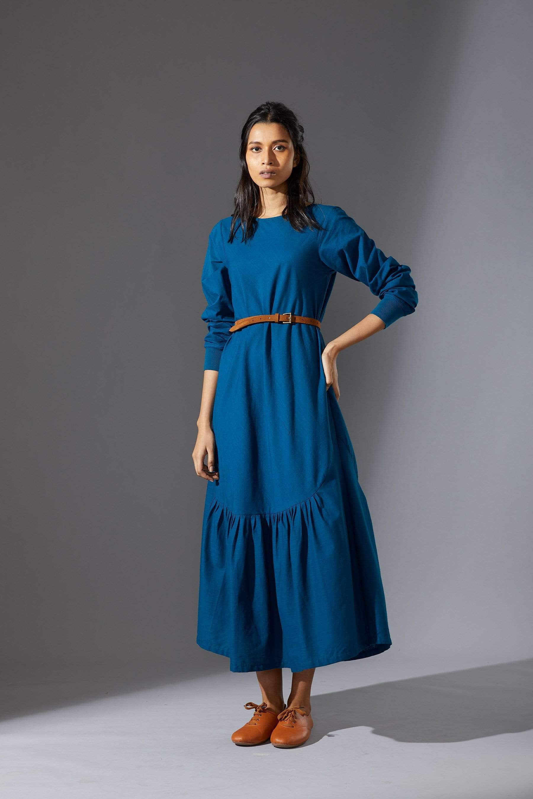 Handwoven Cotton Slub A-Line Dress — Aboli Blue Handwoven Cotton Slub A-Line Dress — Aboli Blue