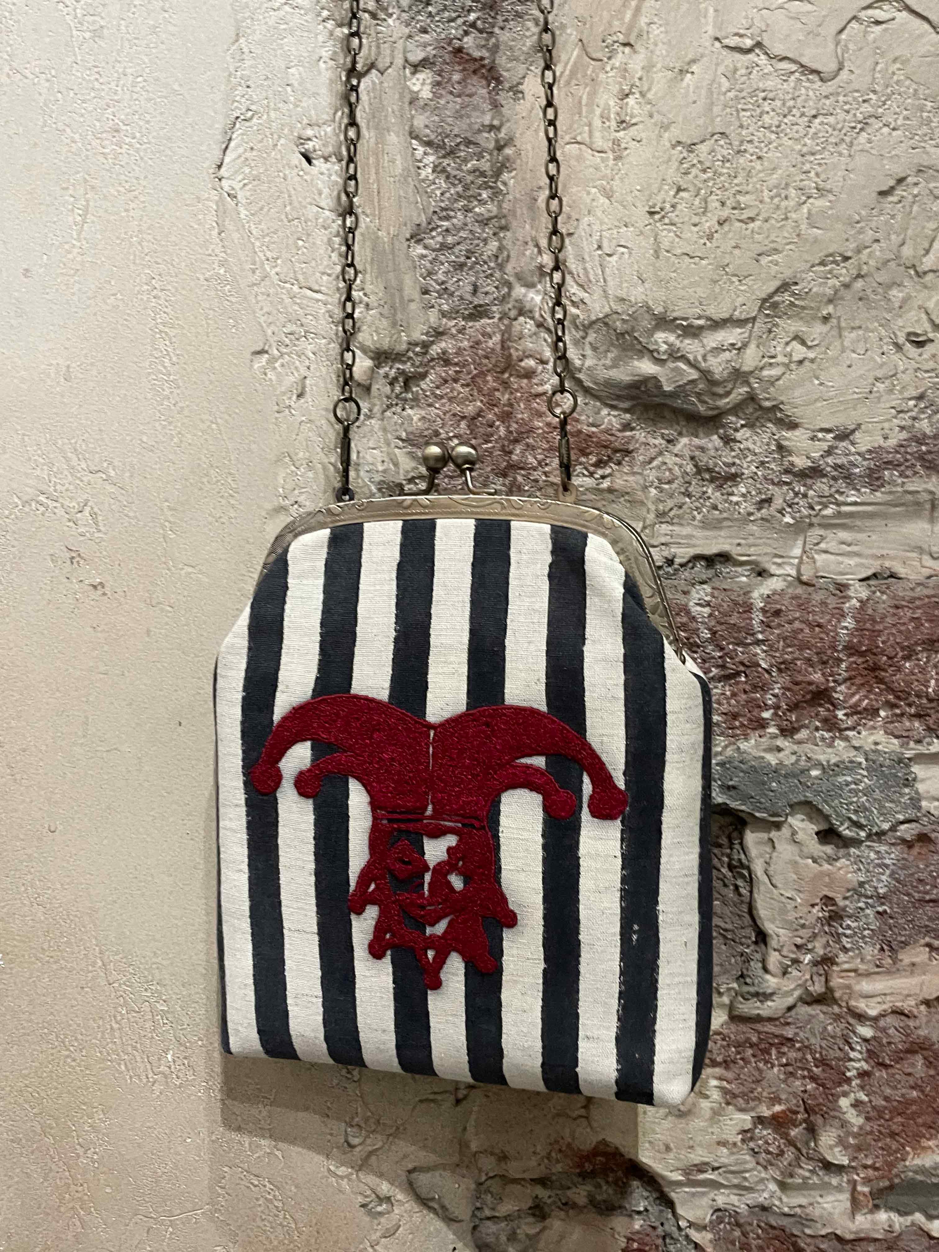 Mati Accessories Taash Hand Embroidered Black Striped Oatmeal Clutch - Red Joker