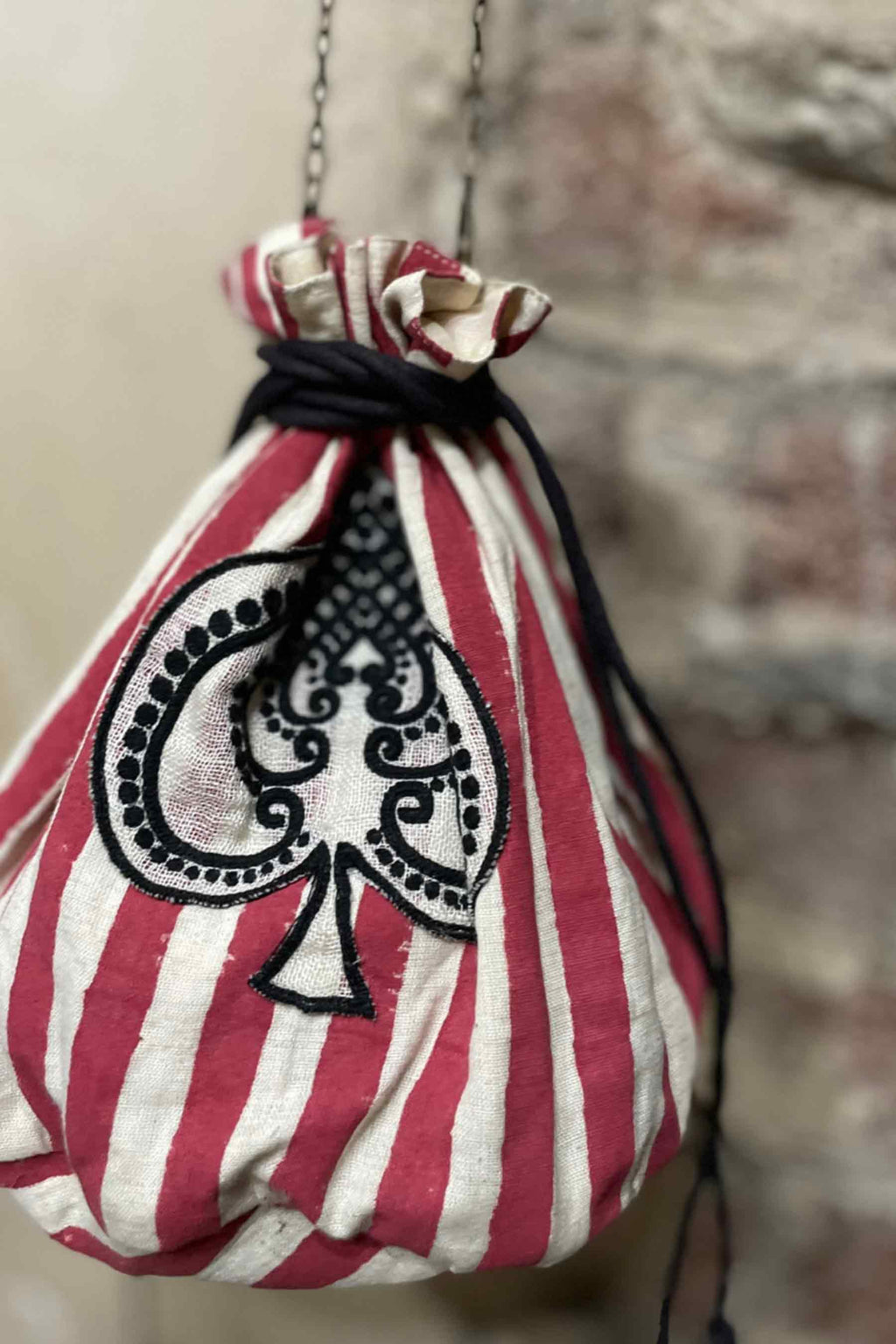 Mati Accessories Taash Hand Embroidered Red Stripe Potli Bag - Spade