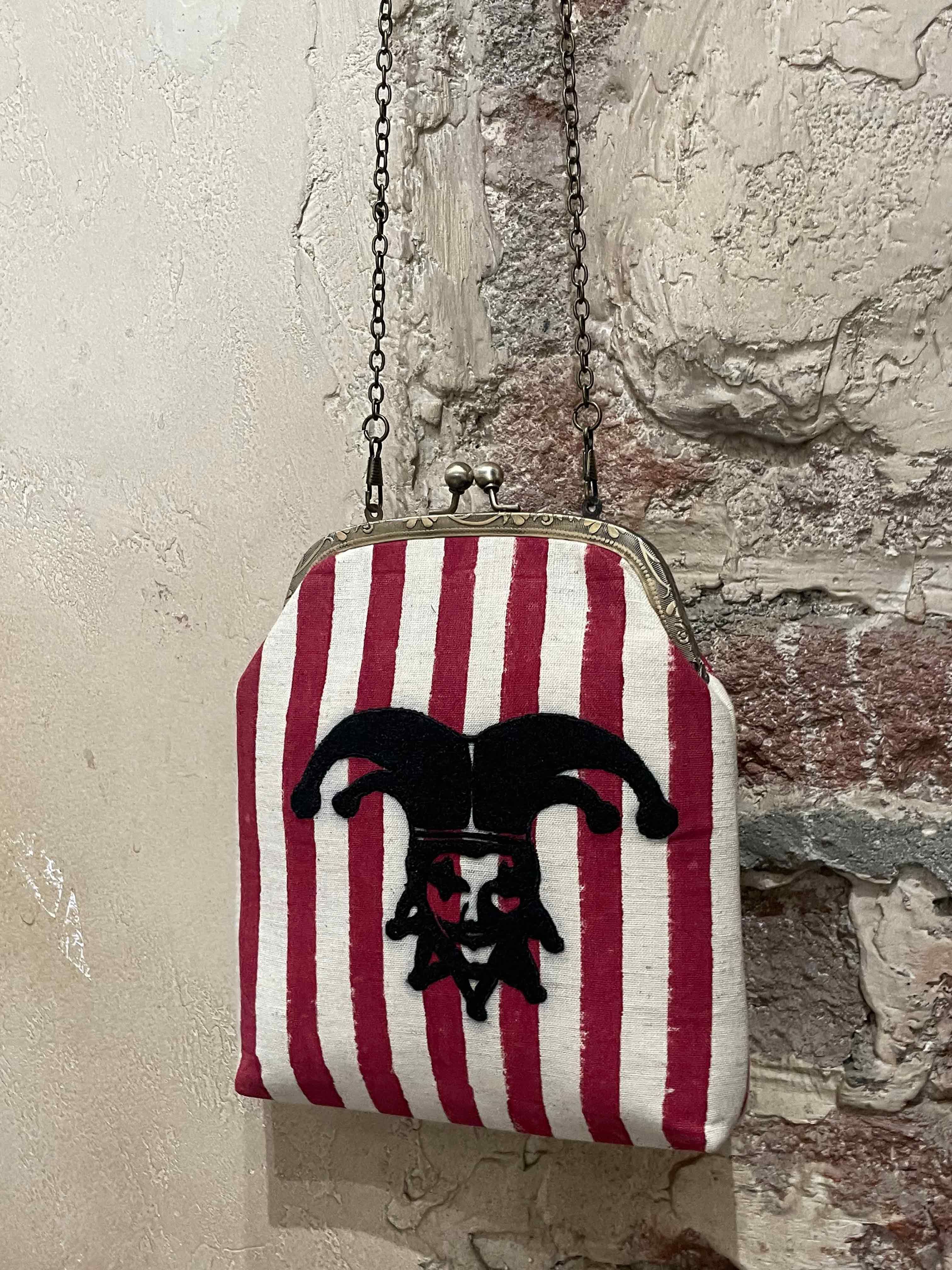 Mati Accessories Taash Hand Embroidered Red Striped Oatmeal Clutch - Black Joker