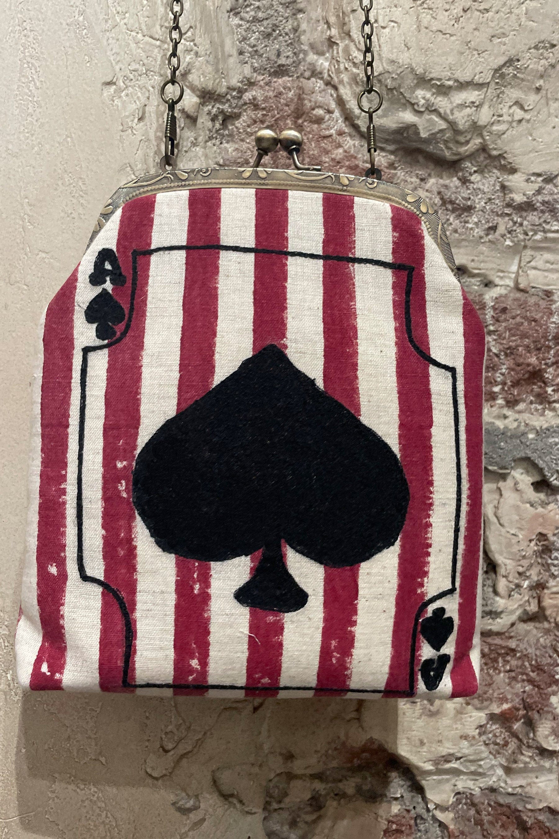 Mati Accessories Taash Hand Embroidered Red Striped Oatmeal Clutch - Spade