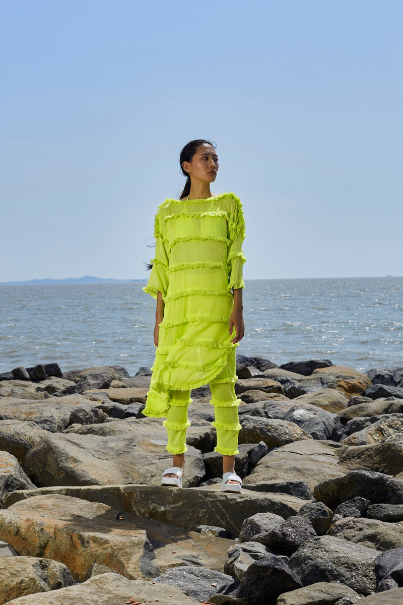 Mati Apparel & Accessories Neon Green Tassle Tier Tunic