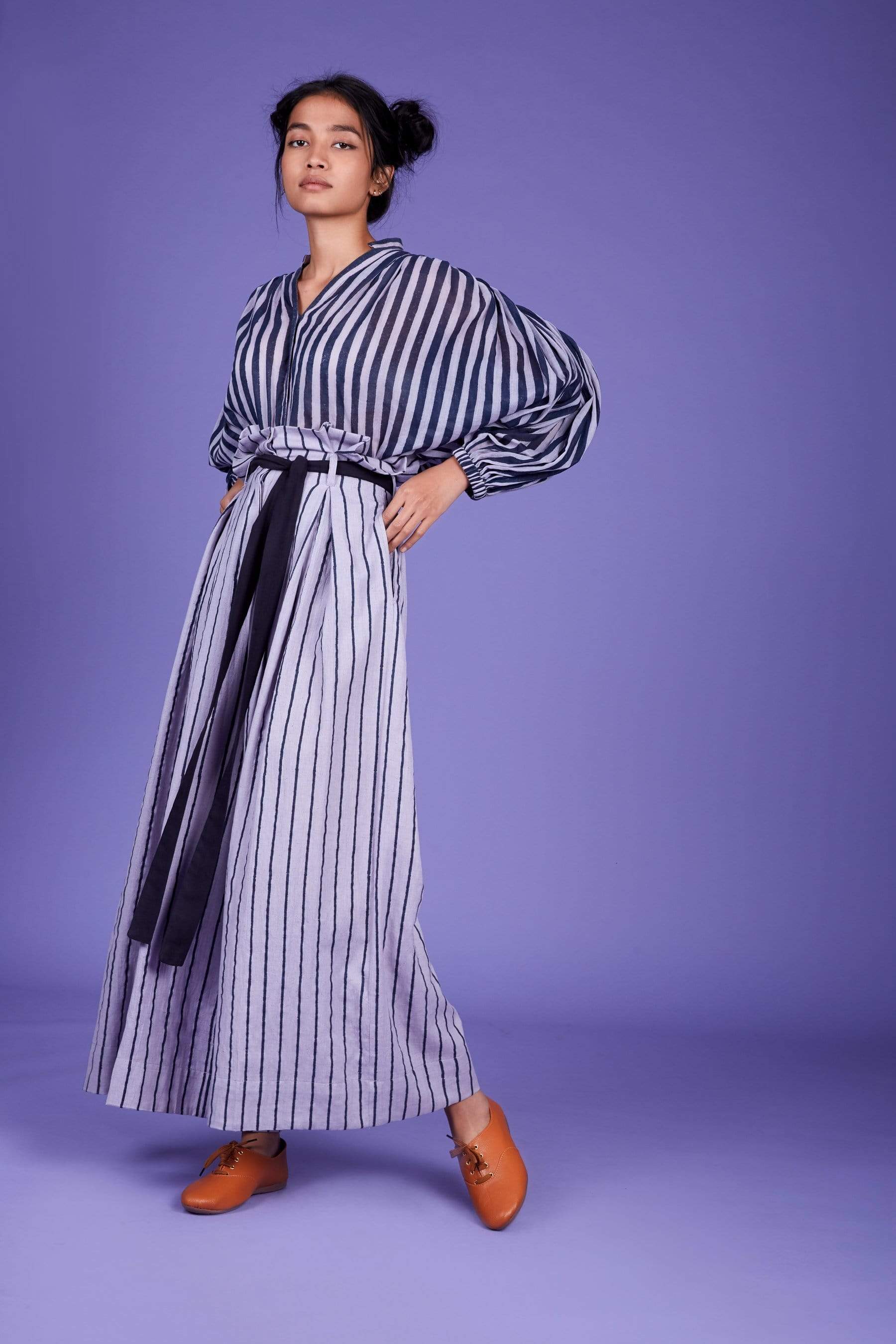 Close-up of hand block print on lavender handwoven cotton – Baha set by MATI