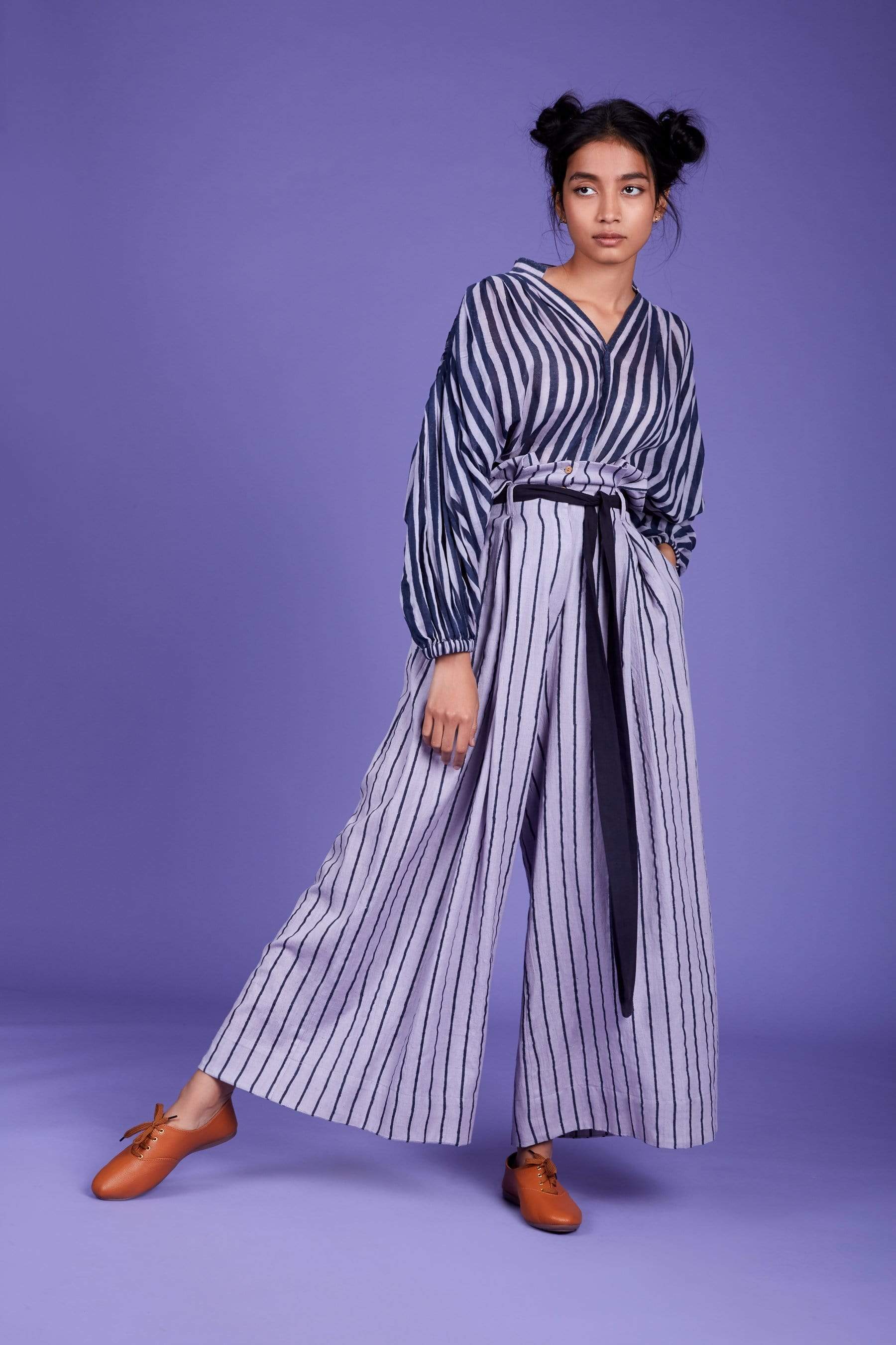Lavender hand block print handwoven cotton shirt and pant set by MATI – front view