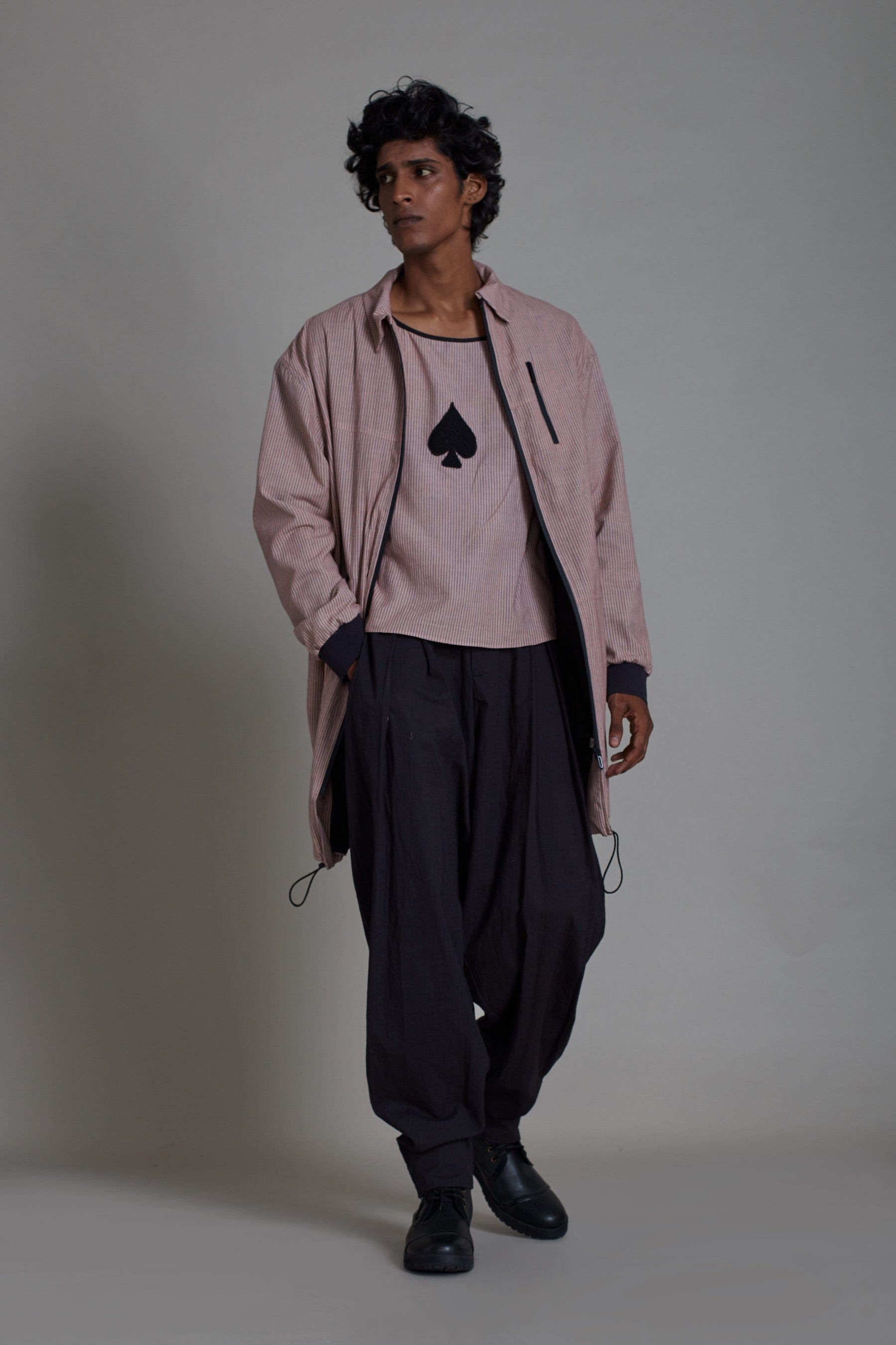 Front view of MATI Black Jack men's co-ord set in pink — handwoven cotton relaxed fit