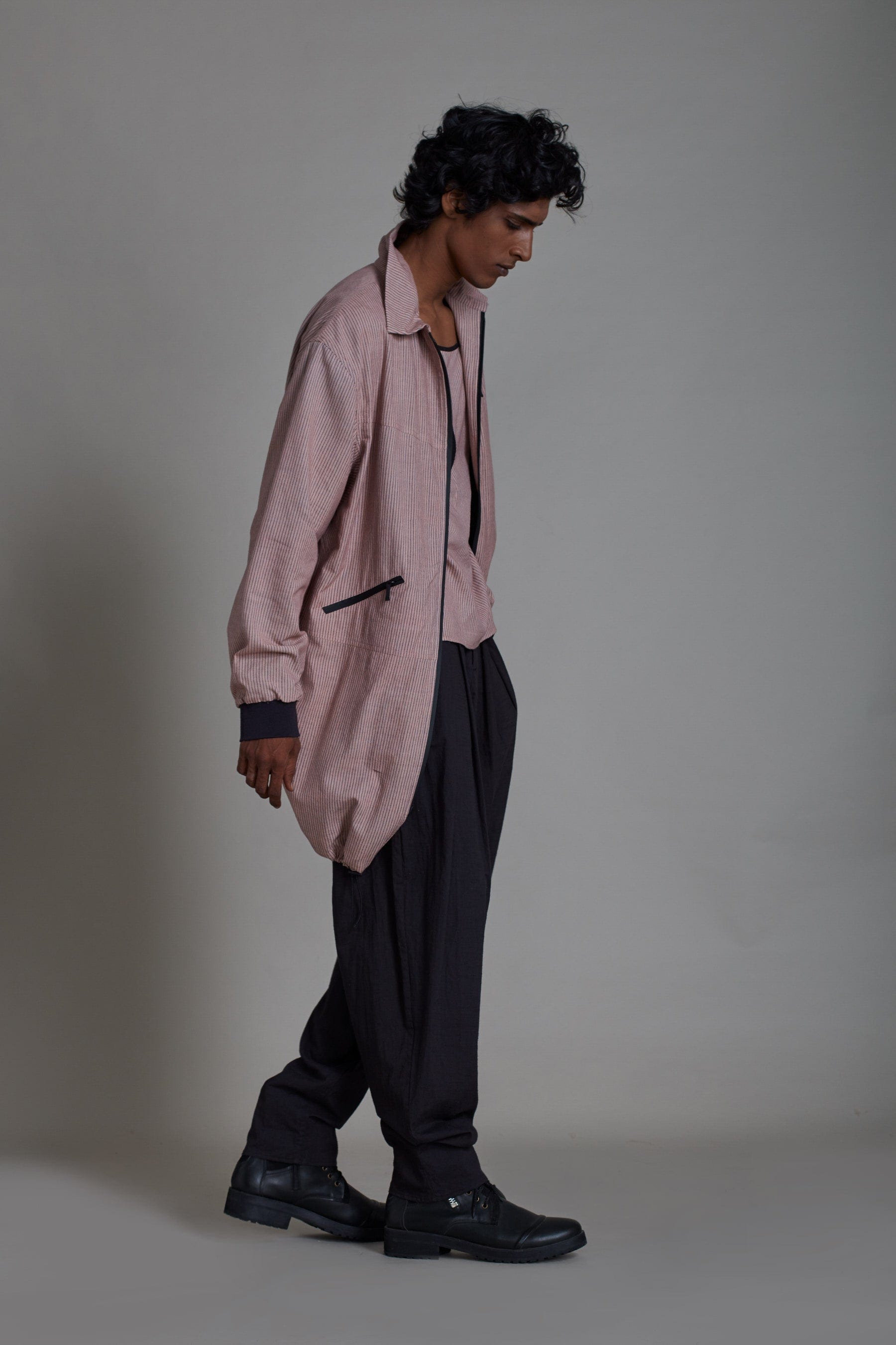 Side view of MATI Black Jack set — pink cotton top, jacket and black pants