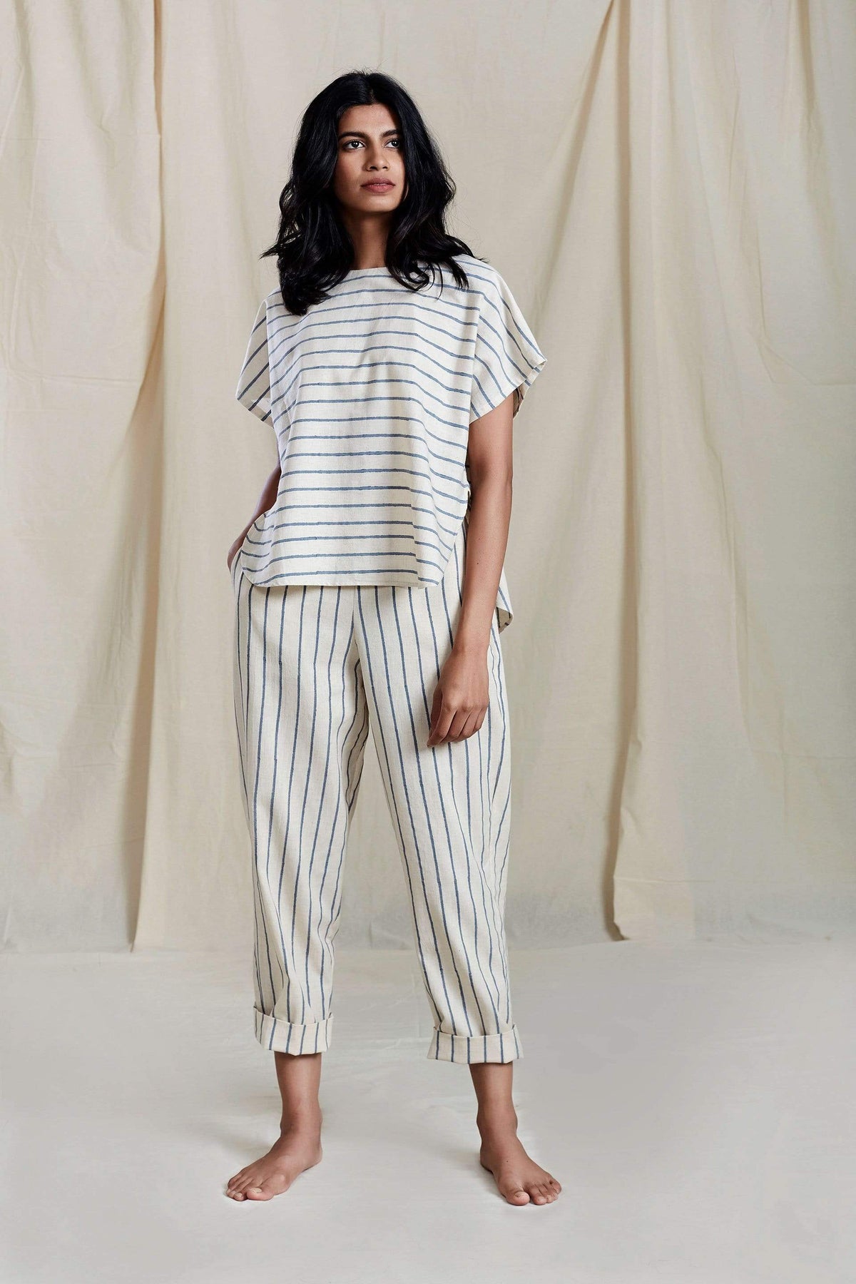Mati Bottoms SE THIN STRIPE OATMEAL PANTS