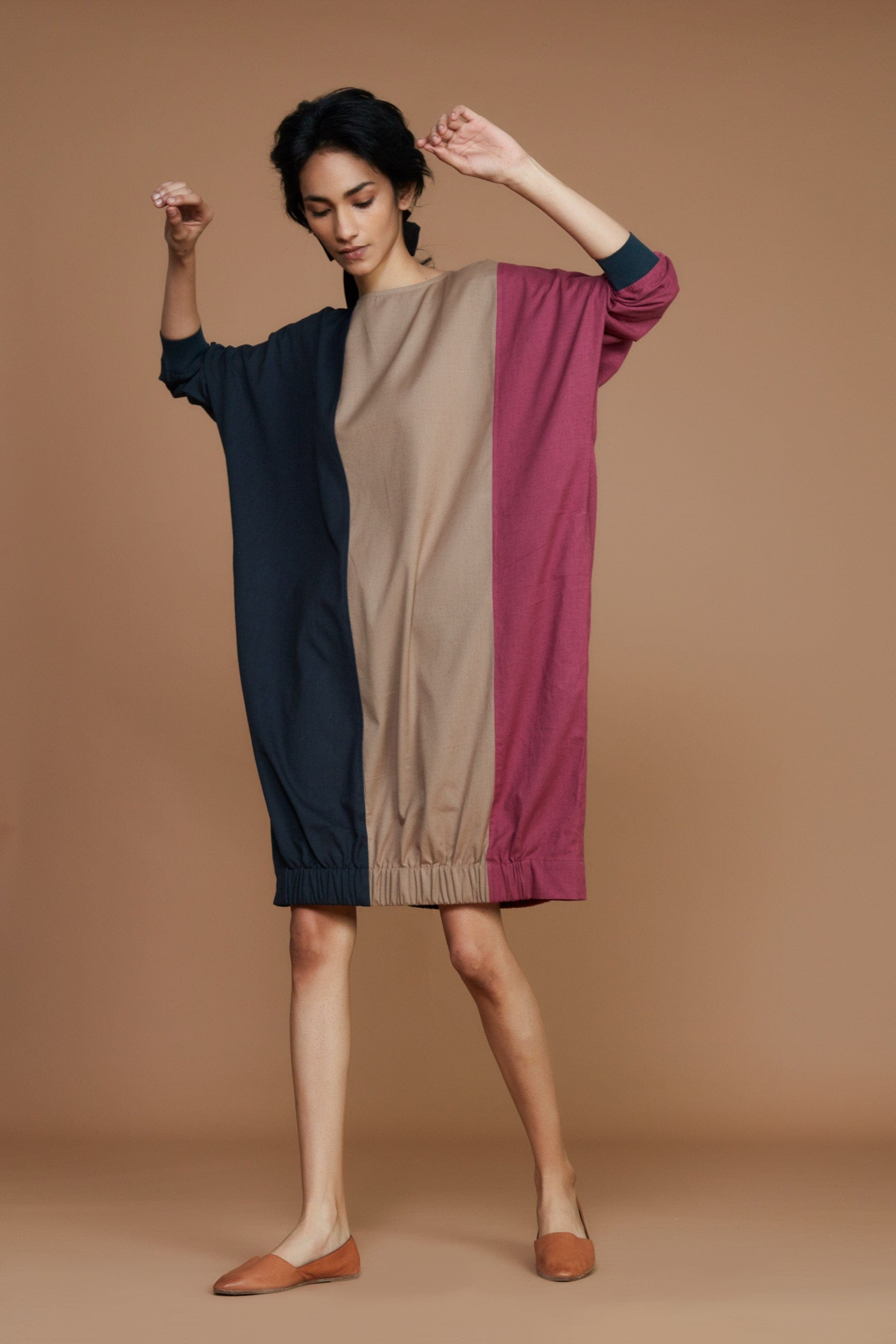 Handwoven cotton colour block oversized shift dress in mauve, charcoal and beige with Azo-free dye, by MATI India