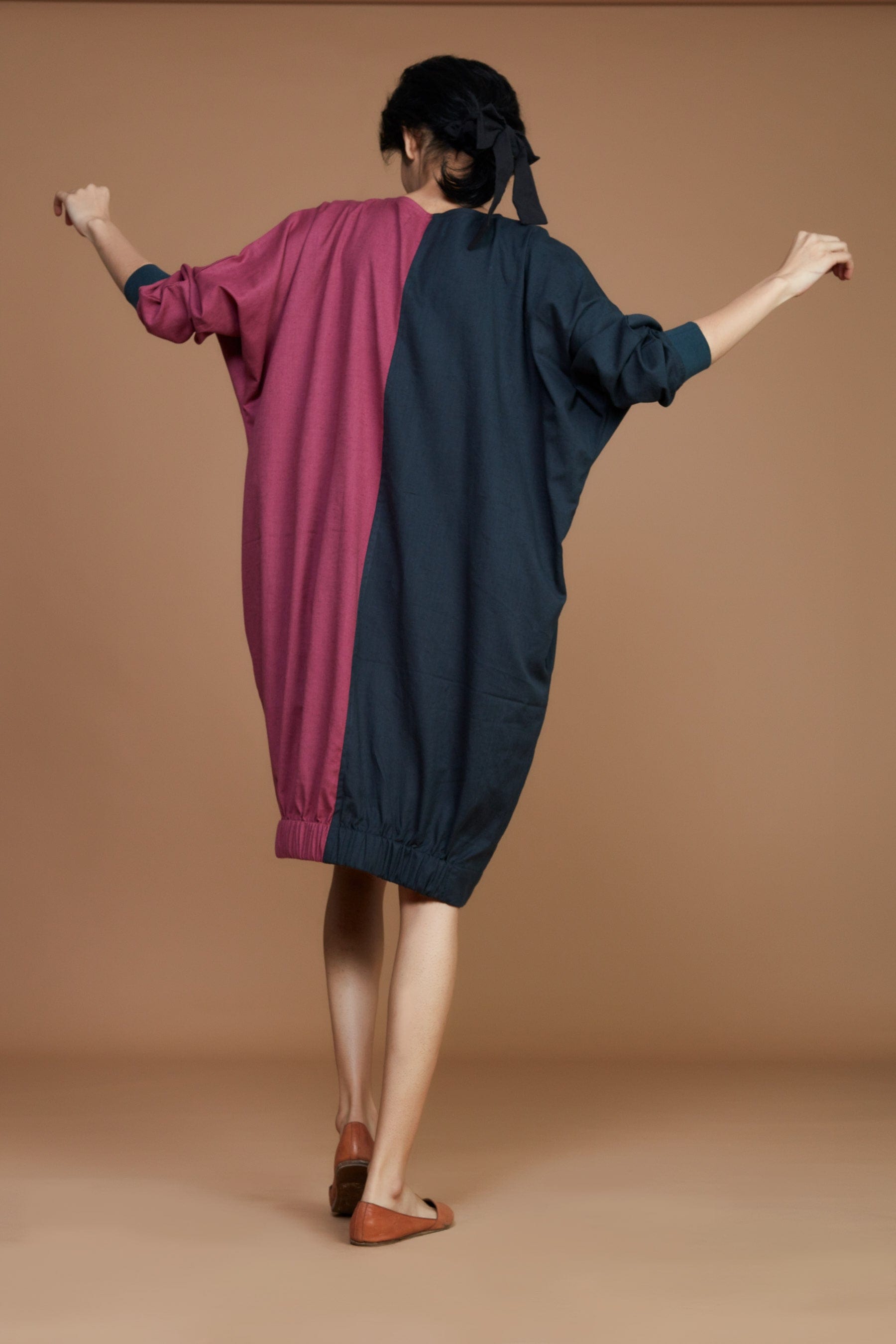 Handwoven cotton colour block oversized shift dress in mauve, charcoal and beige with Azo-free dye, by MATI India