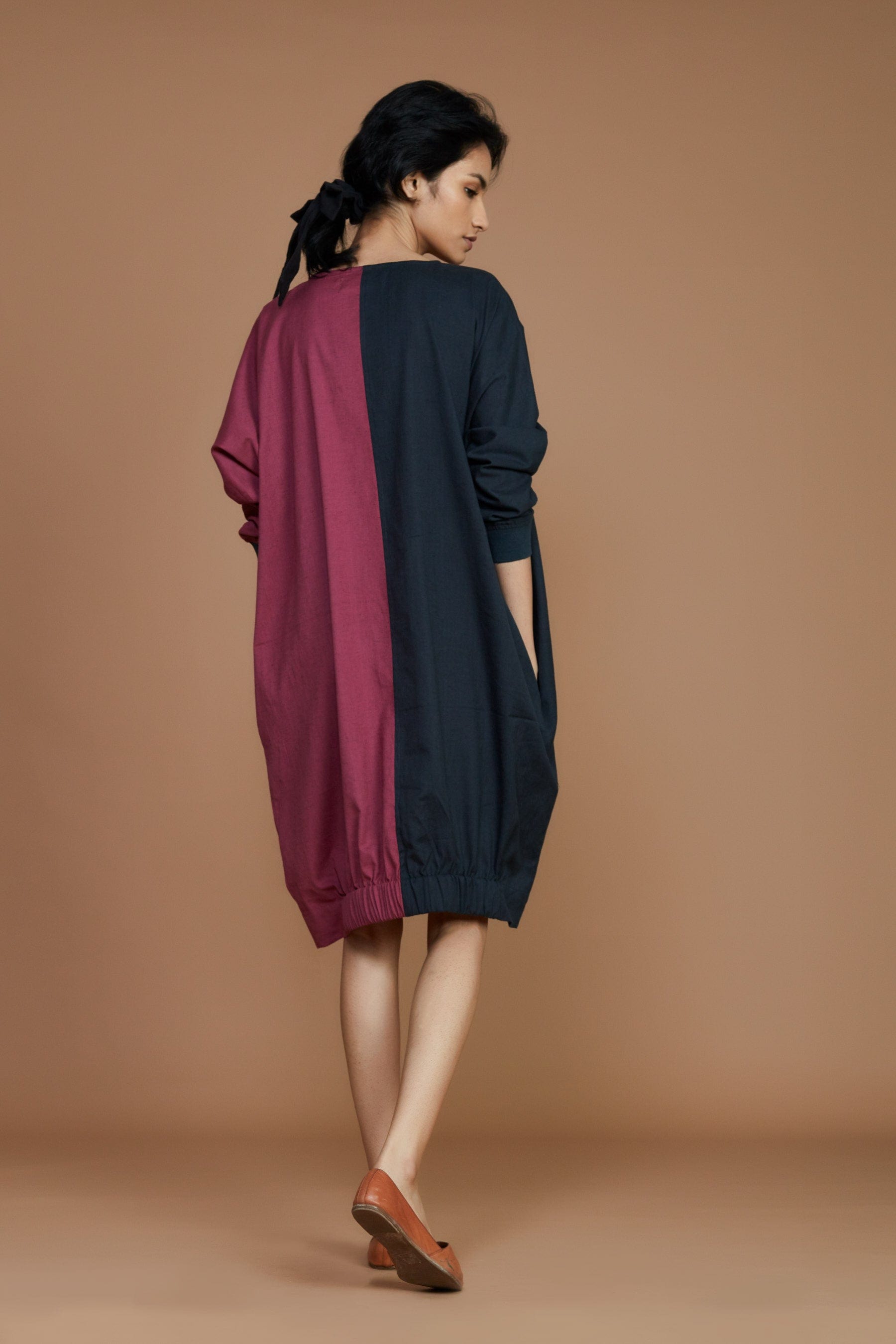 Handwoven cotton colour block oversized shift dress in mauve, charcoal and beige with Azo-free dye, by MATI India